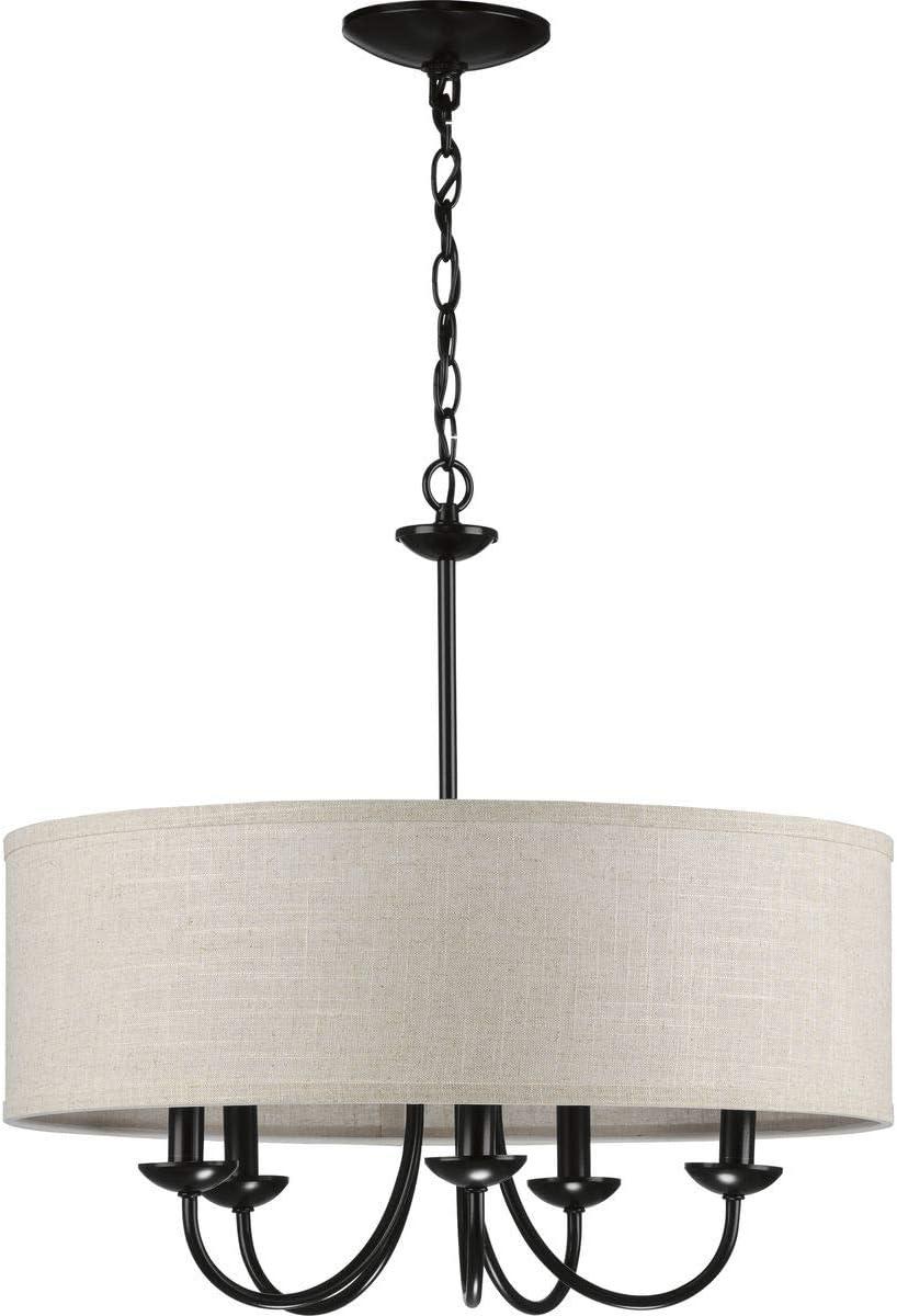 Progress Lighting, Drum Shade Collection, 5-Light Pendant, Black Finish, Harvest Linen Shade