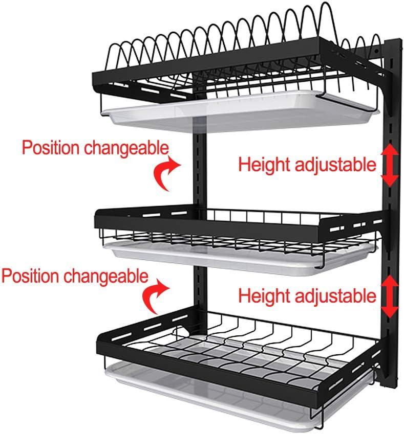 3 Tier Black Stainless Steel Dish Drying Rack Fruit Vegetable Storage Basket with Drainboard and Hanging Chopsticks Cage Knife Holder Wall Mounted Kitchen Supplies Shelf Utensils Organizer