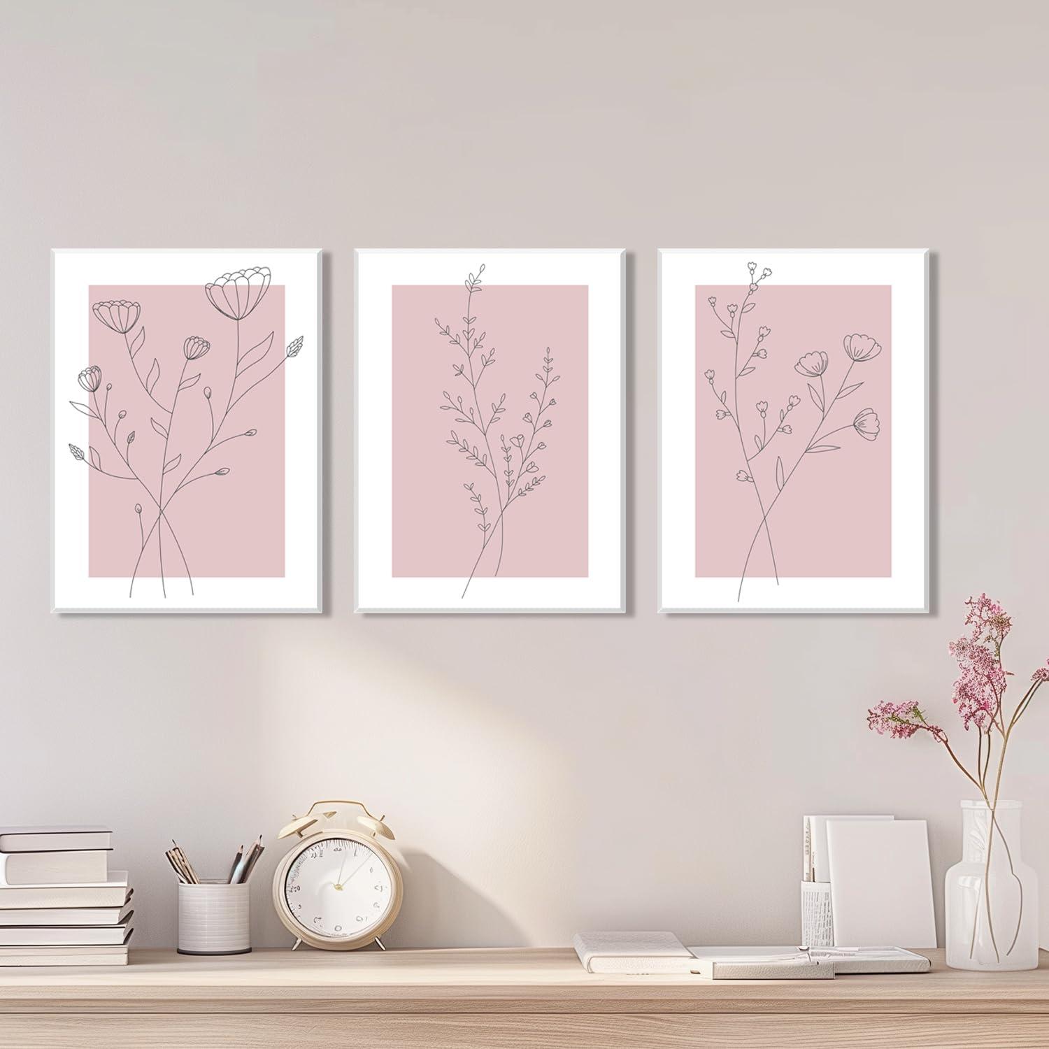 Lark Manor™ 3 Pieces Minimalism Botanical Canvas Wall Art Pink Flowers Line Plants Pictures Wall Decor Posters Print Artwork For Room Living Room Bedroom Bathroom Office Home Decoration