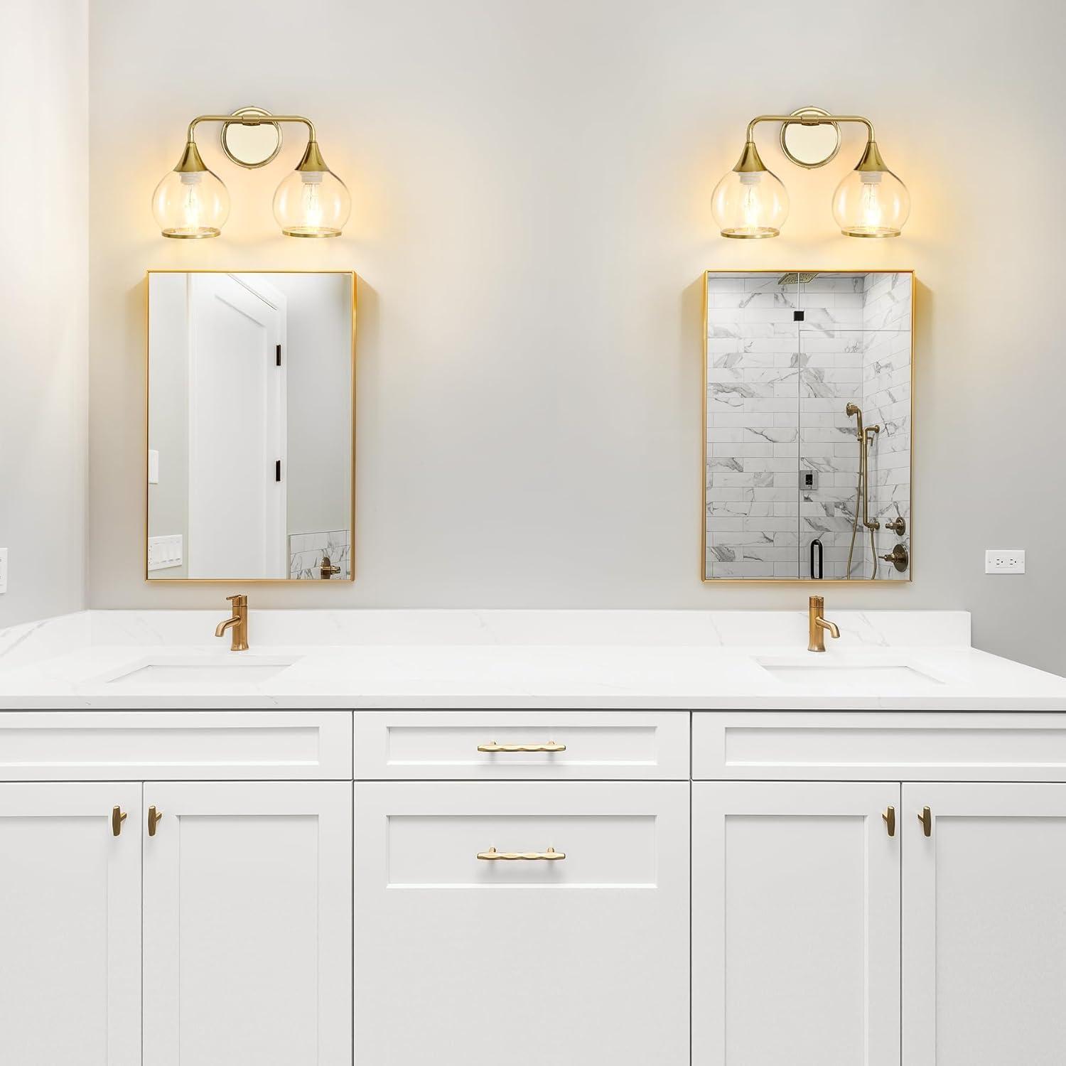 Gold Dimmable 2-Light Bathroom Vanity Fixture with Clear Glass Shades