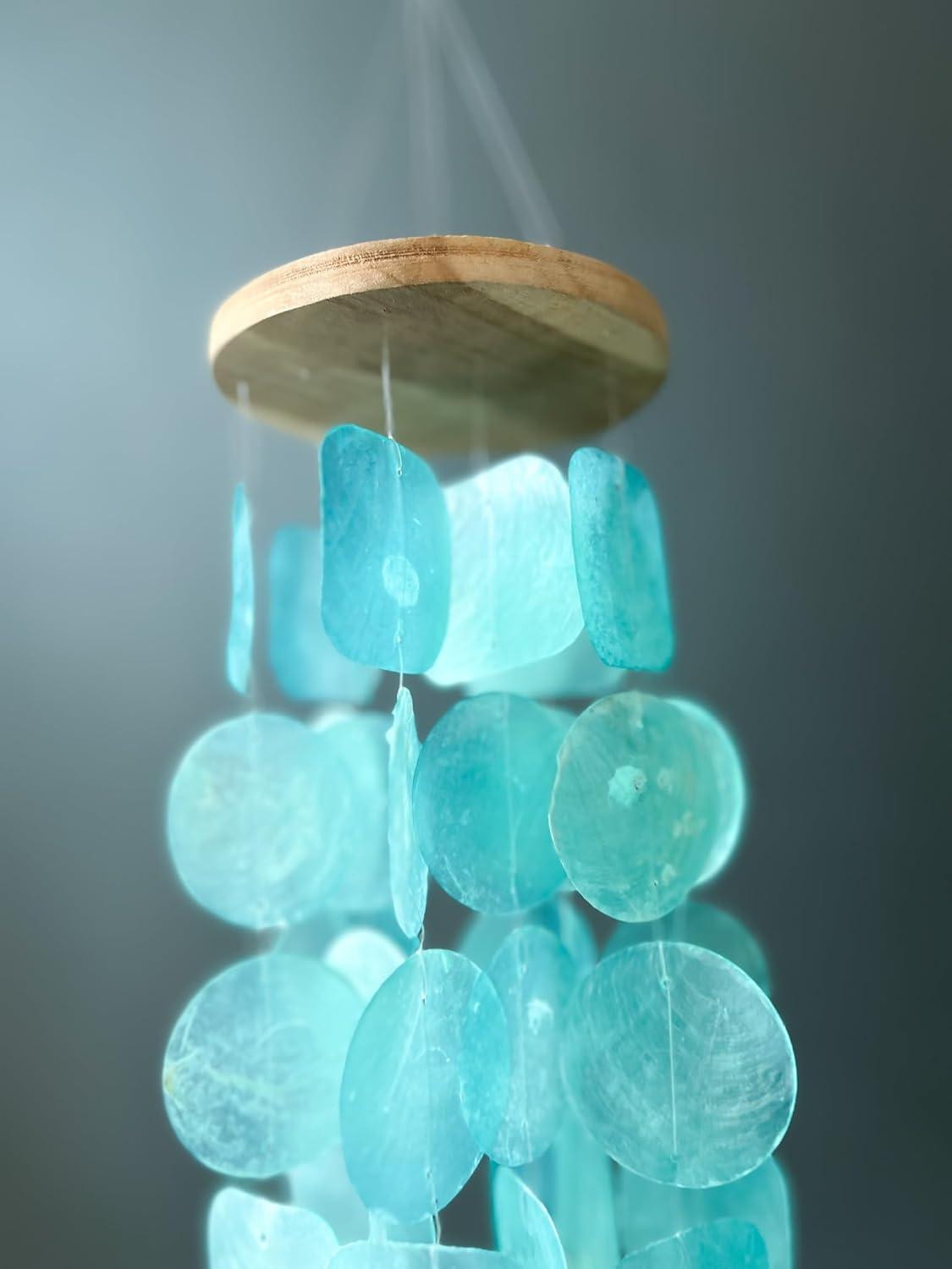 Natural Teakwood and Aqua Capiz Shell Outdoor Wind Chime