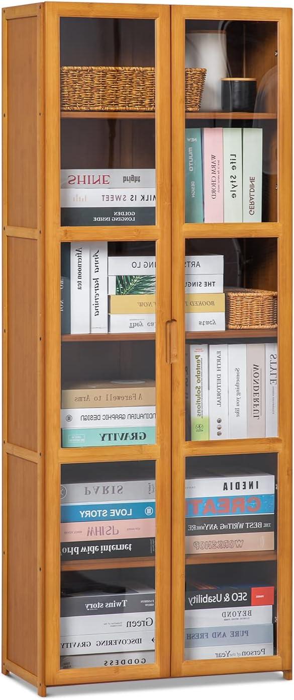 6 Tiers Rayon from Bamboo Storage Bookcase Free Standing With Clear Acrylic Door Display