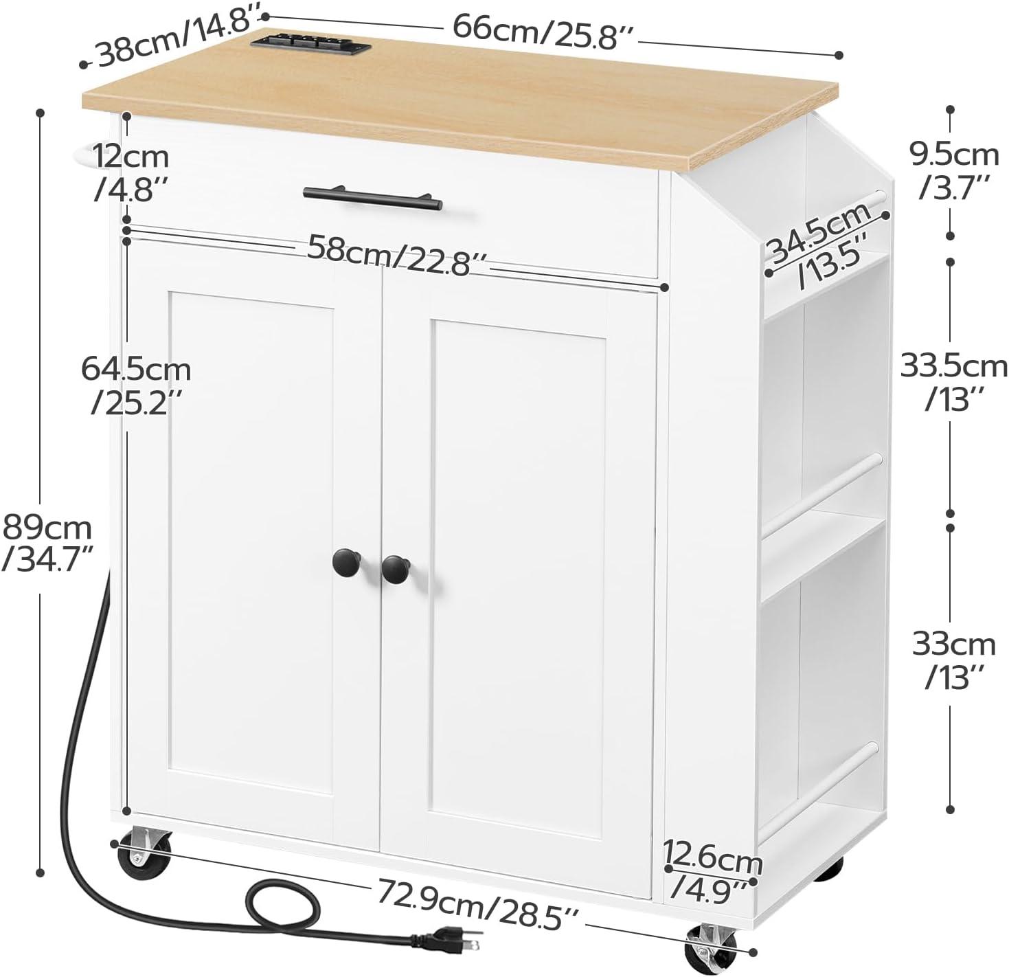 Kitchen Island Cart Kitchen Island on Wheels with Spice Rack, Towel Rack and 5 Drawers, Rolling Mobile Kitchen Island with Door Storage Cabinets, 4 Locking Wheels and Rubber Wood Top, White