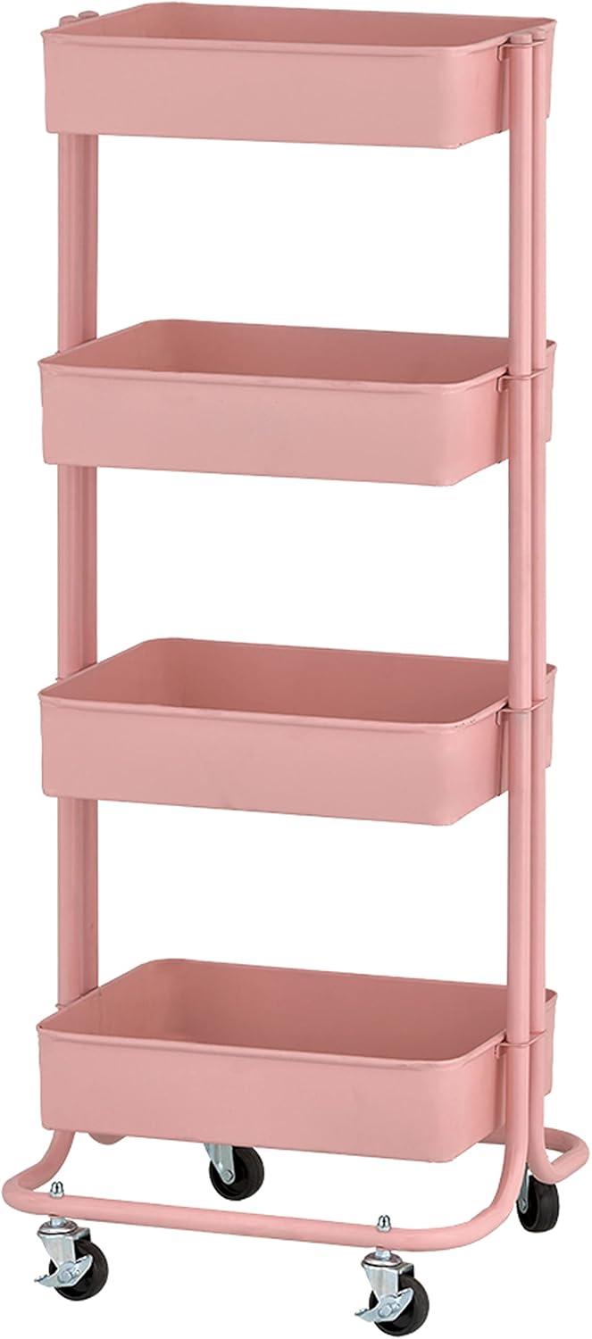 Blush Pink 4-Tier Metal Rolling Utility Cart