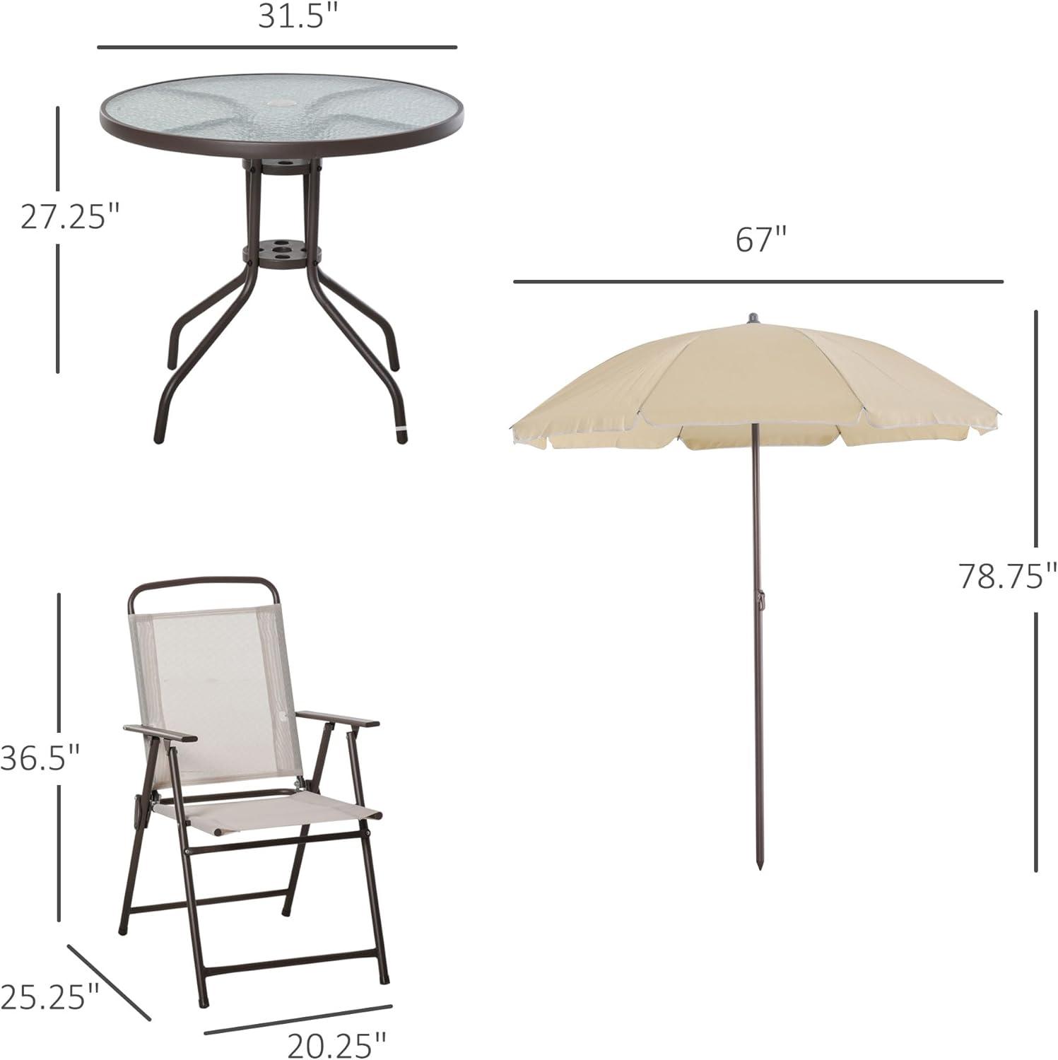 Outsunny 6 Piece Patio Dining Set for 4 with Umbrella, 4 Folding Dining Chairs & Round Glass Table for Garden, Backyard, and Poolside