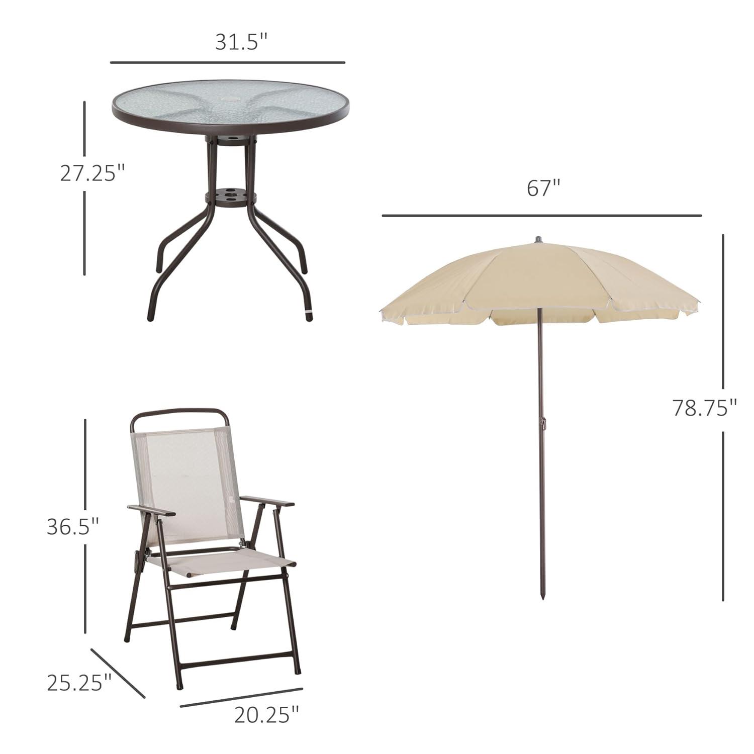 Outsunny 6 Piece Patio Dining Set for 4 with Umbrella, 4 Folding Dining Chairs & Round Glass Table for Garden, Backyard, and Poolside, Beige