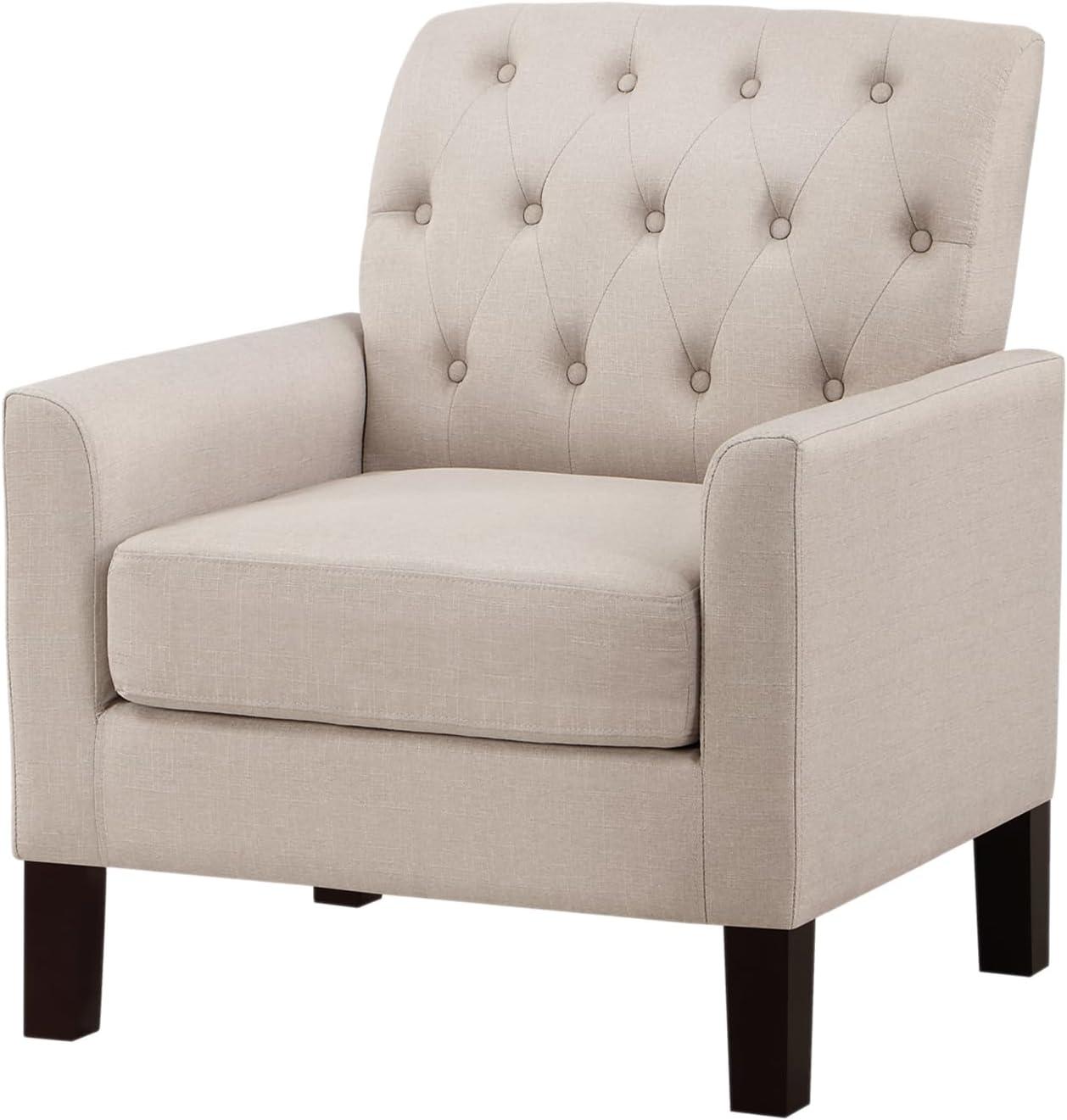 Linen Beige Tufted Upholstered Accent Chair with Wood Legs