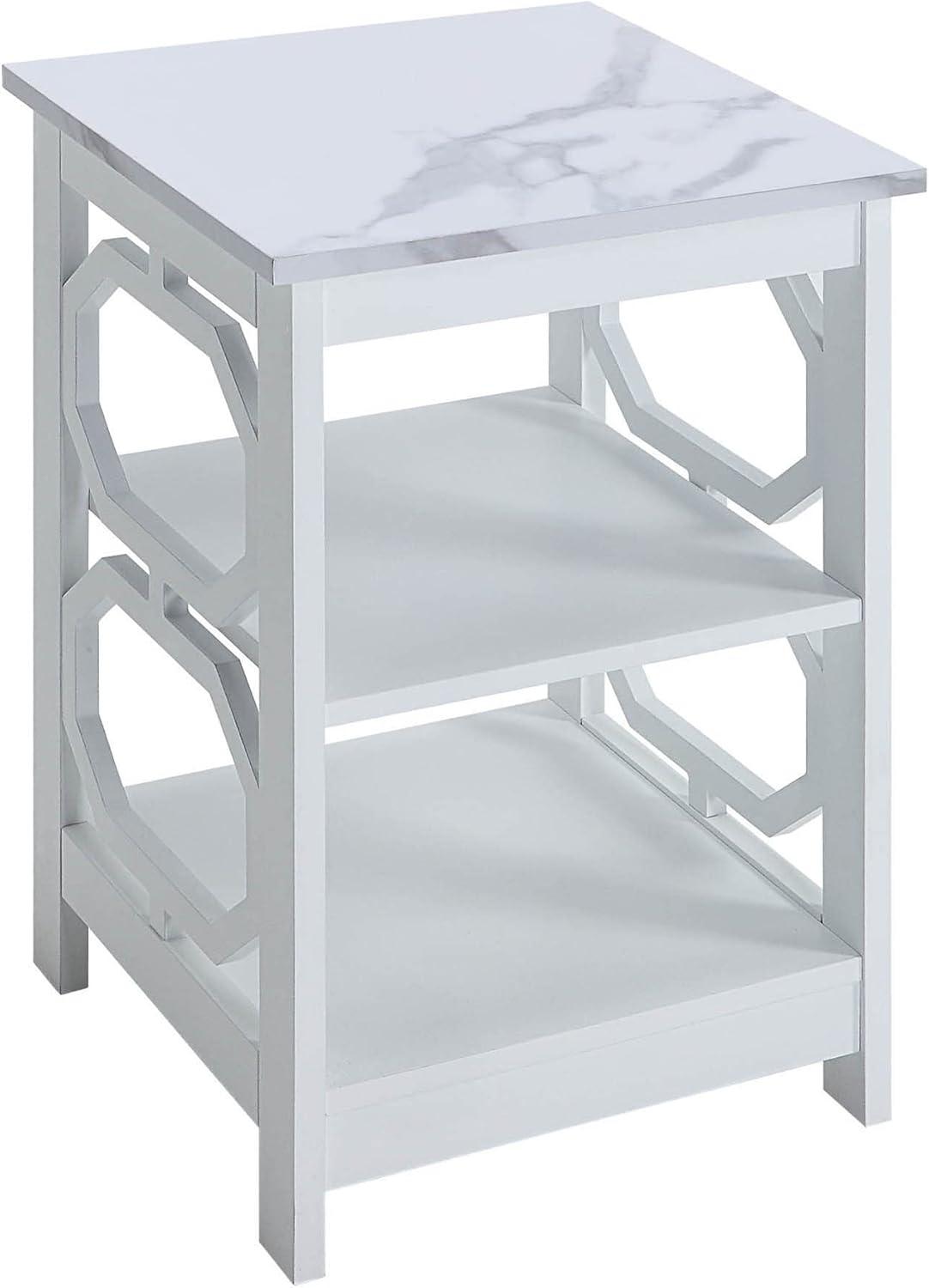 Convenience Concepts Omega End Table with Shelves, White Faux Marble/White