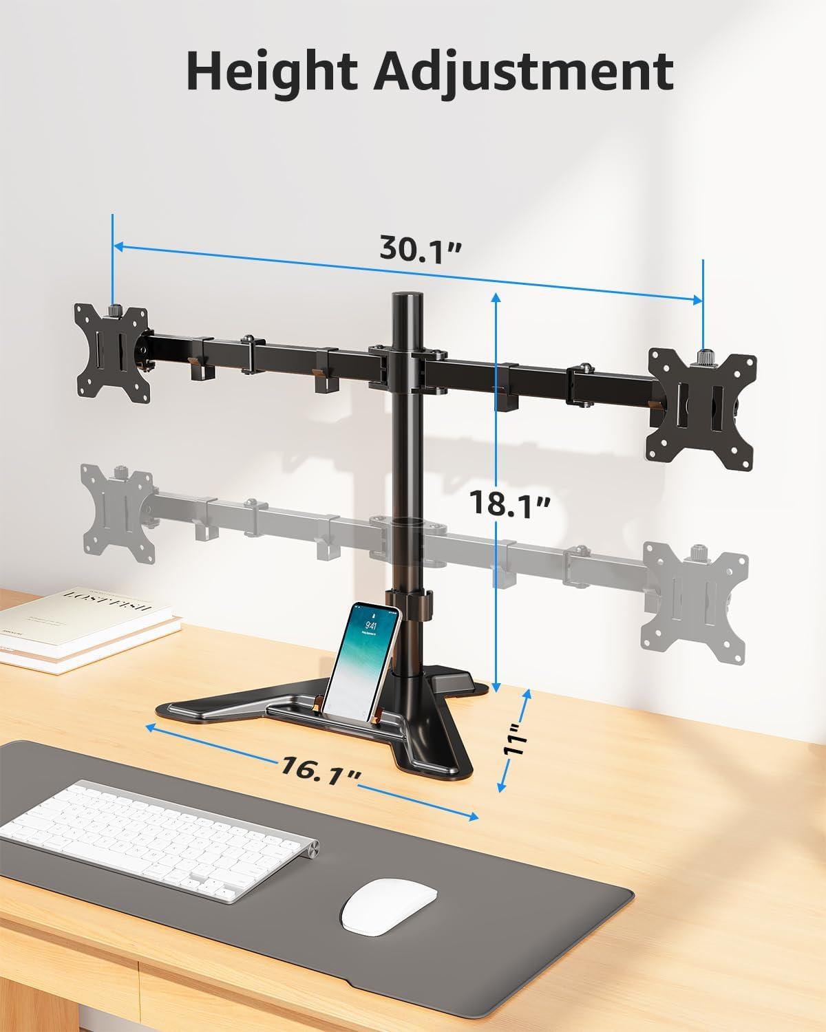 MOUNTUP Dual Monitor Stand - Freestanding & Height Adjustable Monitor Desk Mount, Steady VESA Mount Holds Max 17.6 lbs, Computer Monitor Stand for 2 Screens up to 27 inches, MU1002