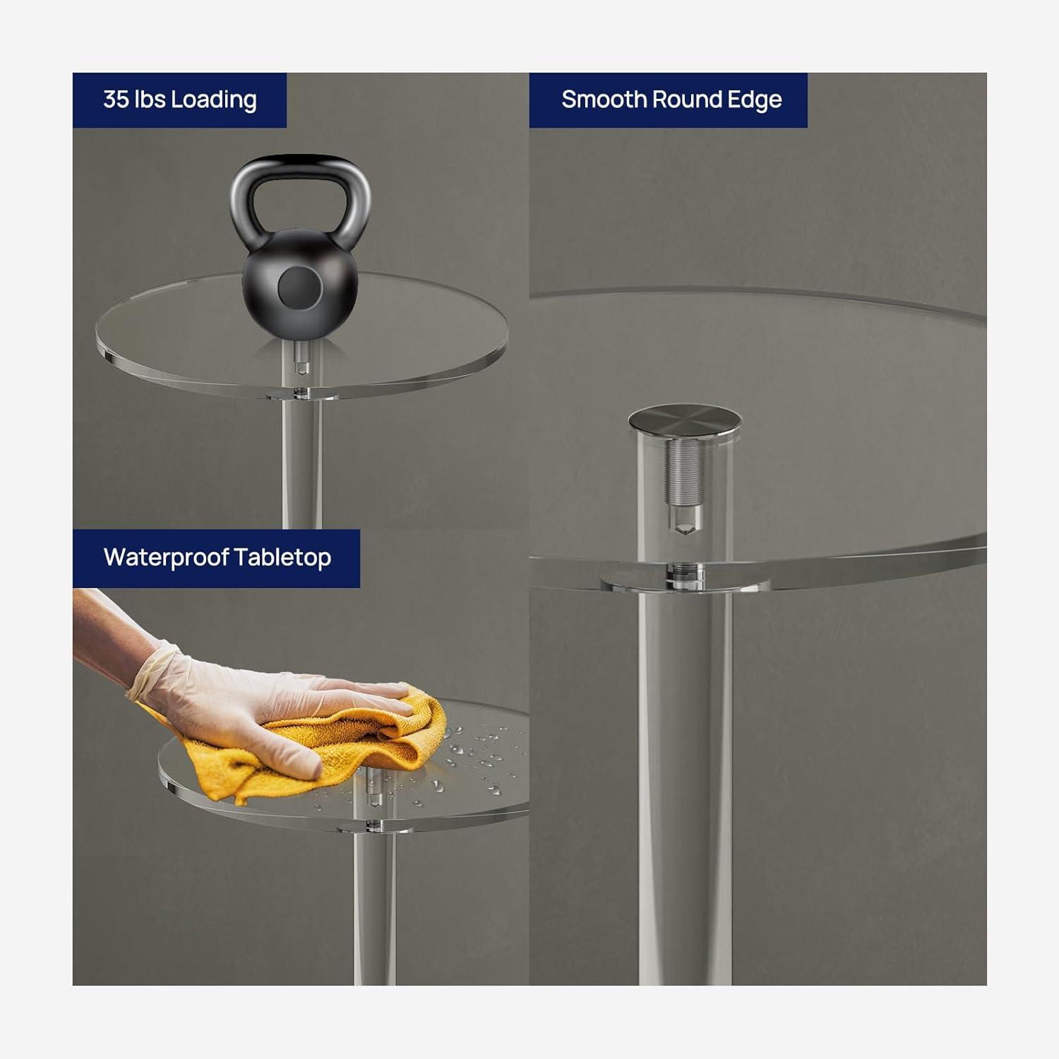 Acrylic End Table, Clear Side Tables for Small Space, 9.8" Round Modern Drink Table for Living Room, Bedroom, Bathroom, Office, Outdoor, Business, Sturdy and Easy to Install