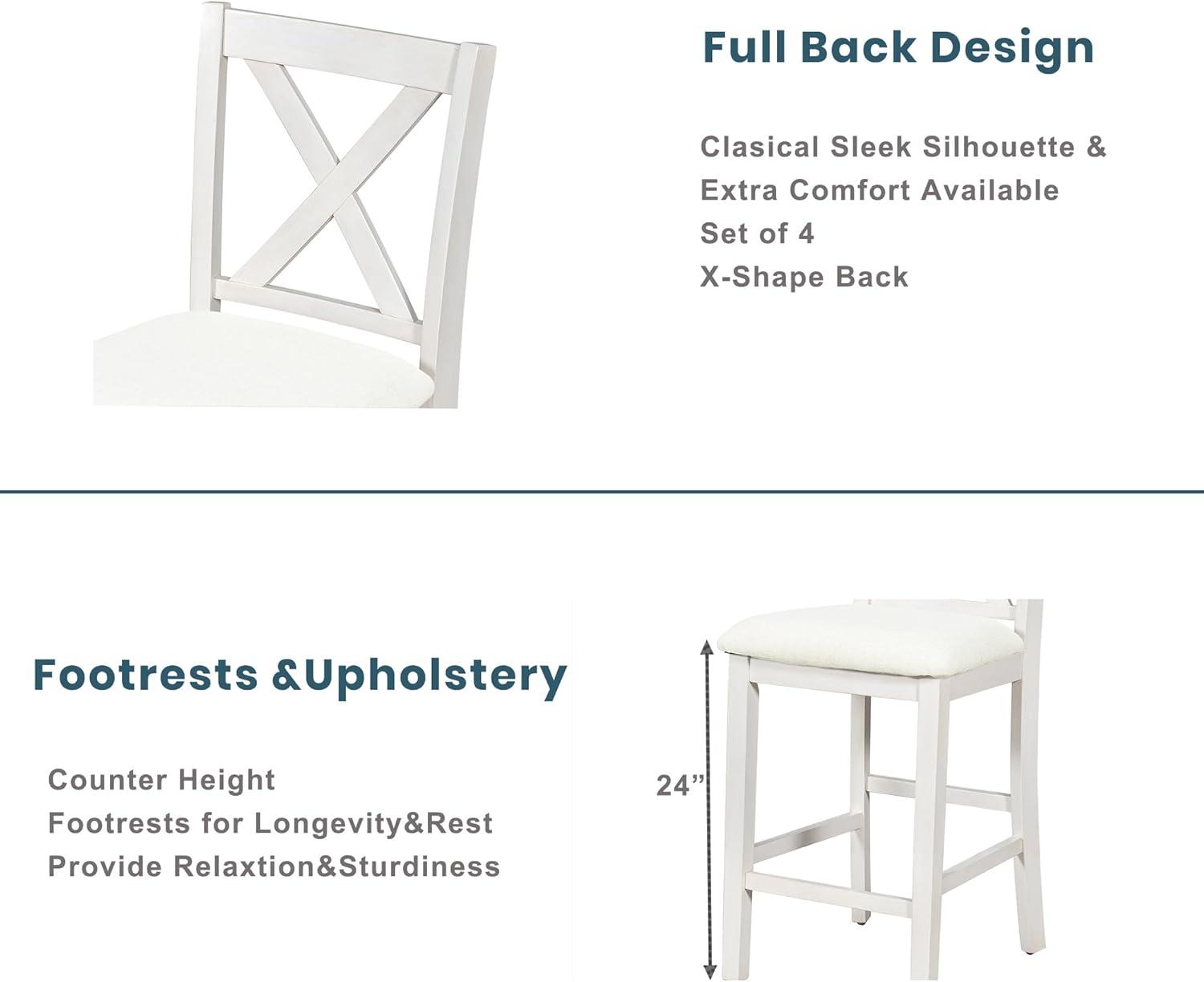 5 Pieces Counter Height Wooden Bar Table Set with 3-Tier Shelf and 4 Chairs, Rustic Farmhouse Dining Table Set for 4, White
