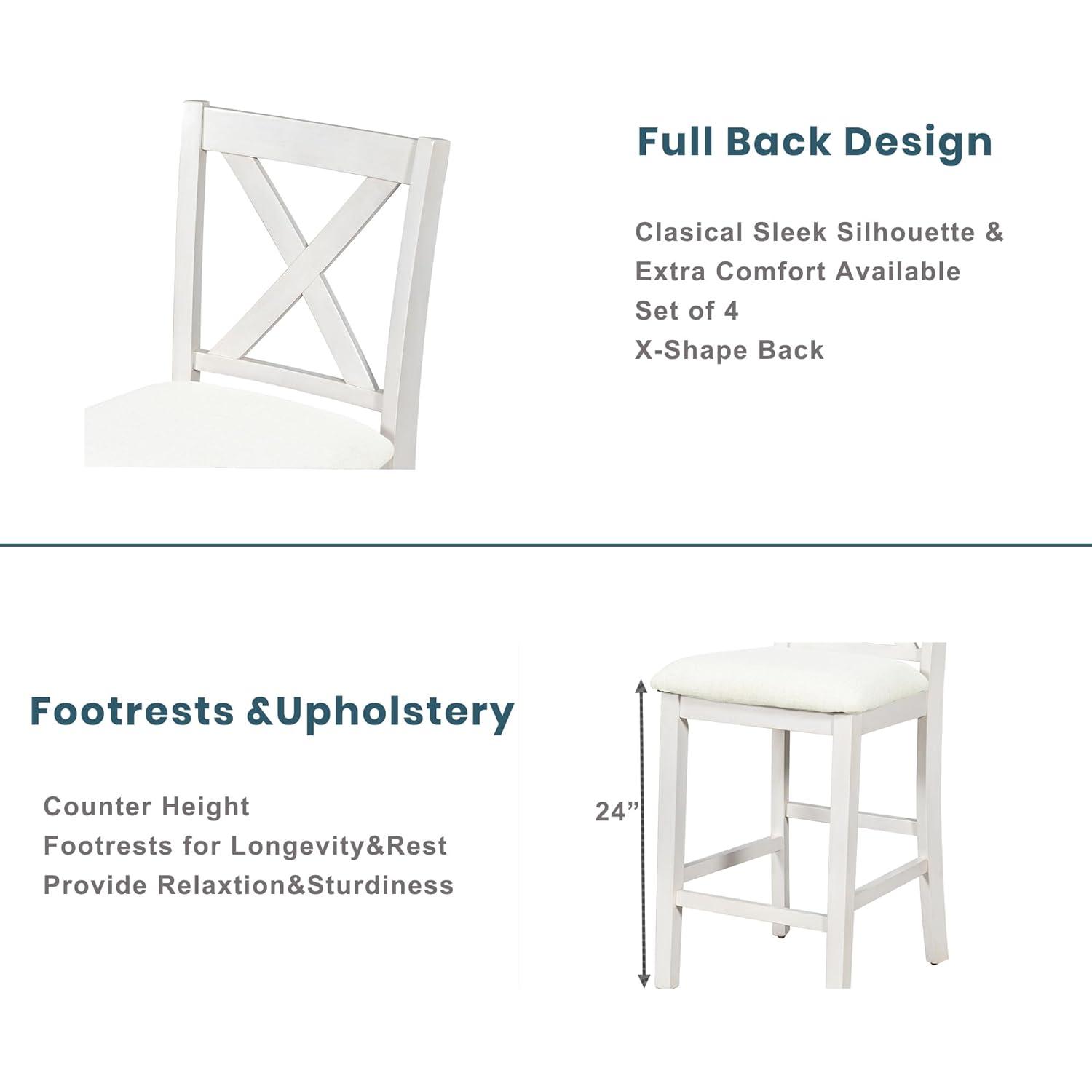 5 Pieces Counter Height Wooden Bar Table Set with 3-Tier Shelf and 4 Chairs, Rustic Farmhouse Dining Table Set for 4, White