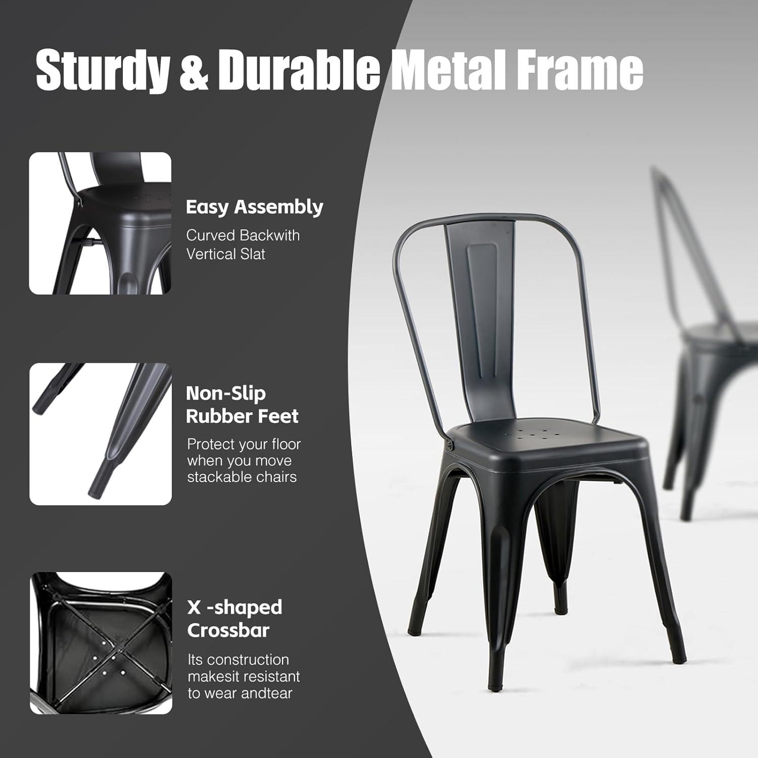 SOLEGGIATA Juego de 2 Sillas de Comedor de Metal Hierro Apilable Exterior/vintage/cocina Restaurante Mate Medianoche Negro