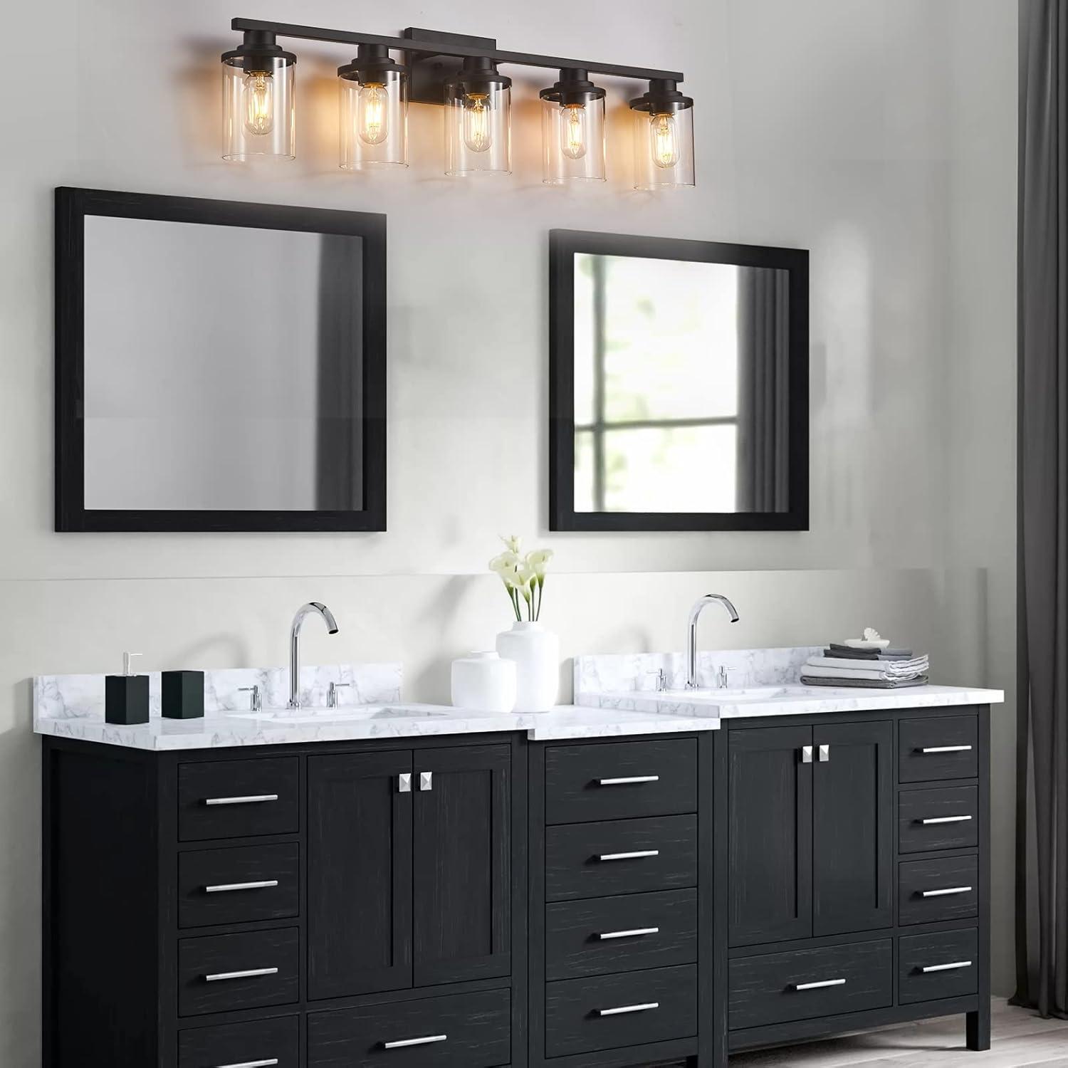 Matte Black 5-Light Bathroom Vanity Fixture with Glass Shades