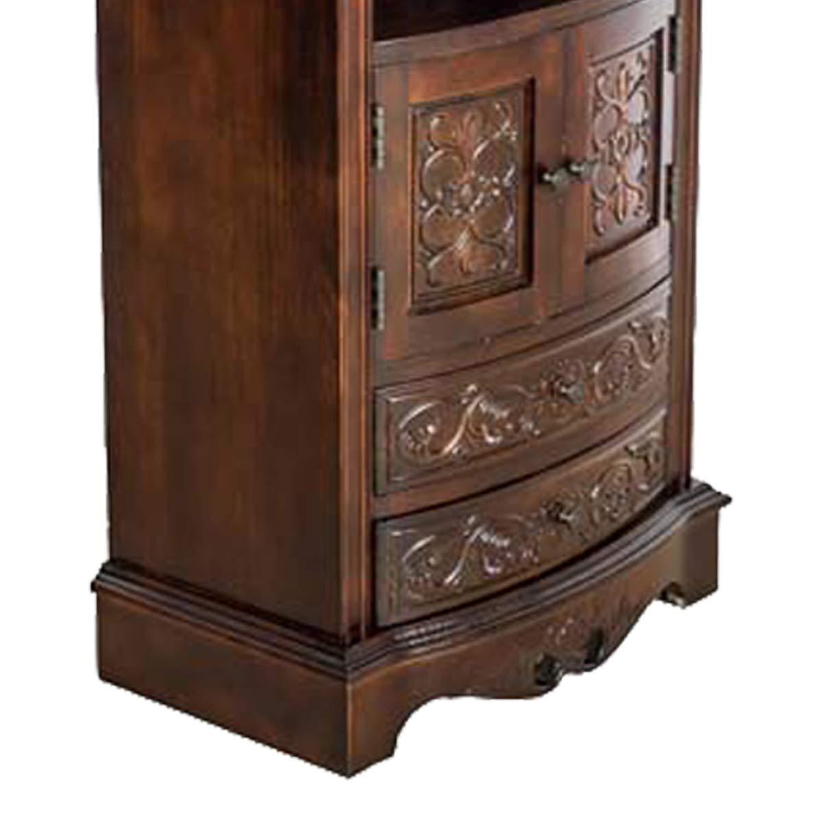 Brown Birchwood Engraved Storage Cabinet with 2 Drawers and 2 Doors