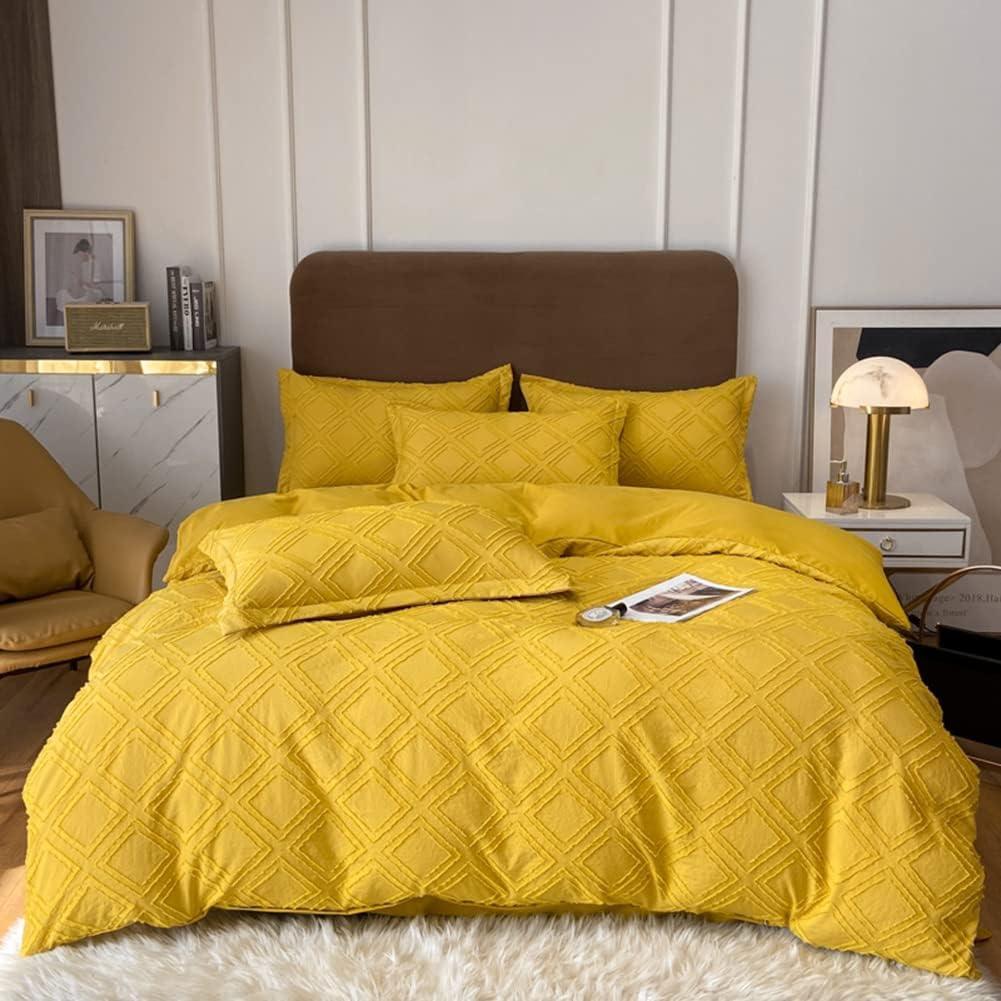 MorroMorn 5 PCS Boho Bedding Sets, Textured Duvet Cover Set, Tufted Comforter Covers, Diamond Jacquard Soft Breathable Neutral for Man Woman Bed Bedroom All Seasons (Yellow, Full/Queen)