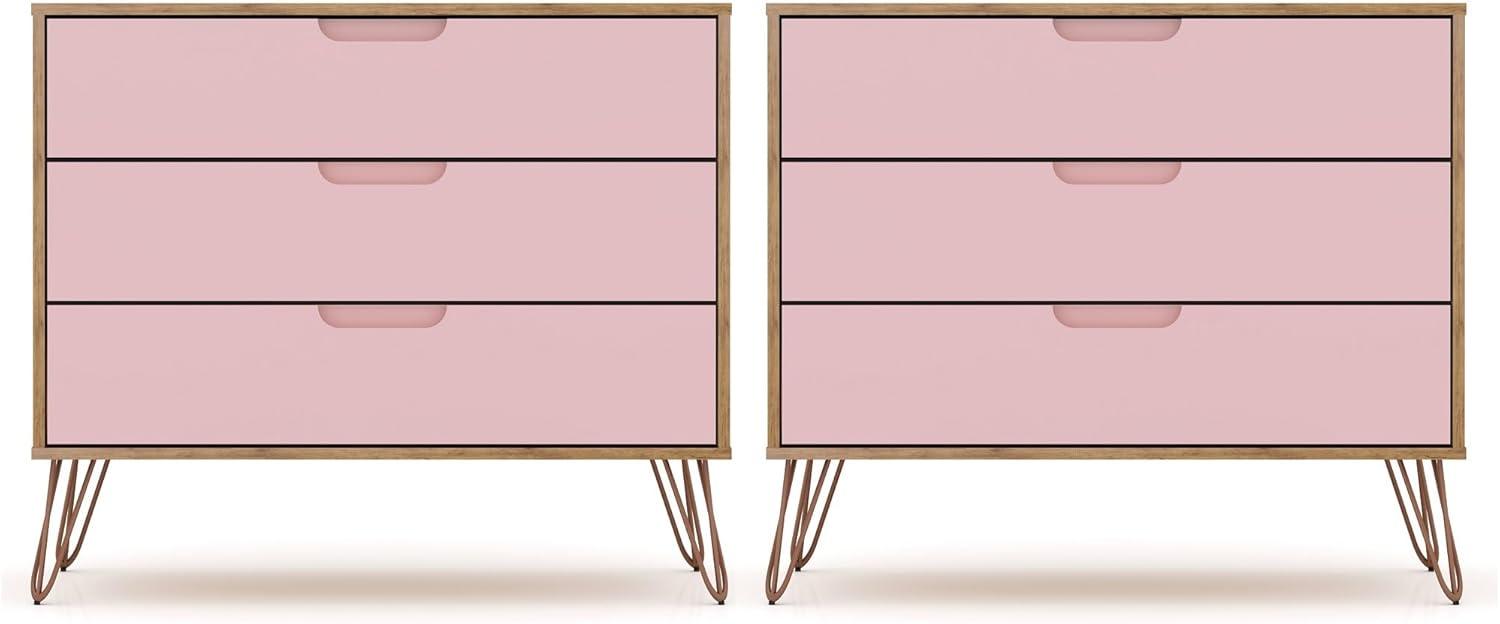 Set of 2 Rockefeller 3 Drawer Dresser Nature/Rose Pink - Manhattan Comfort: MDF Bedroom Storage, Easy-Glide, 6 Drawers