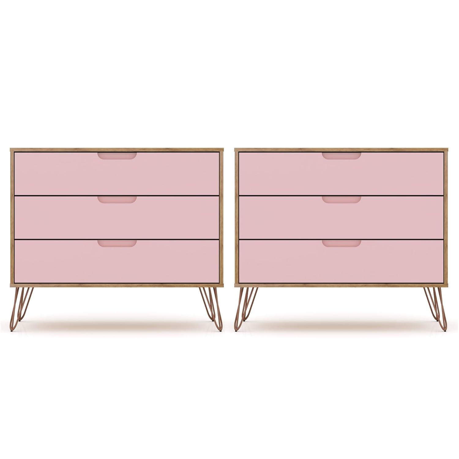 Set of 2 Rockefeller 3 Drawer Dresser Nature/Rose Pink - Manhattan Comfort: MDF Bedroom Storage, Easy-Glide, 6 Drawers