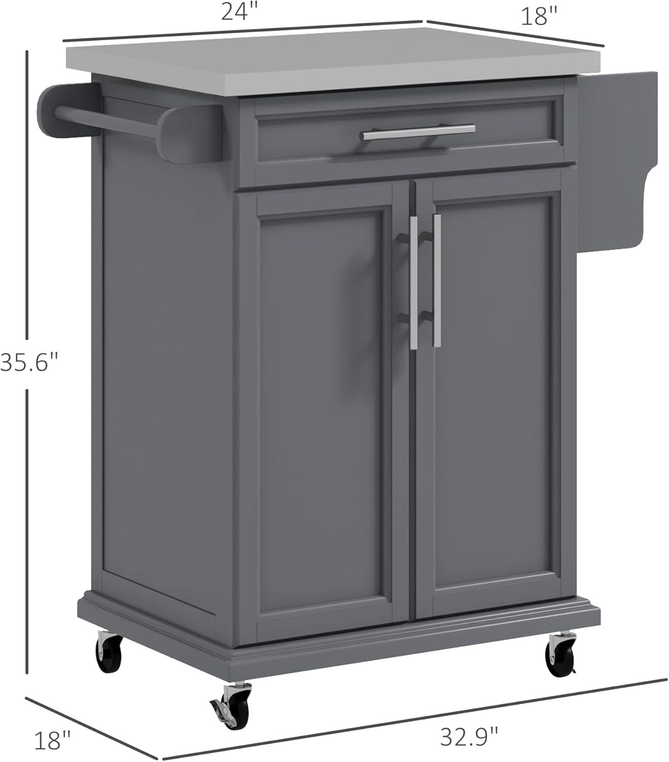 Gray Stainless Steel Kitchen Cart with Spice Rack and Storage