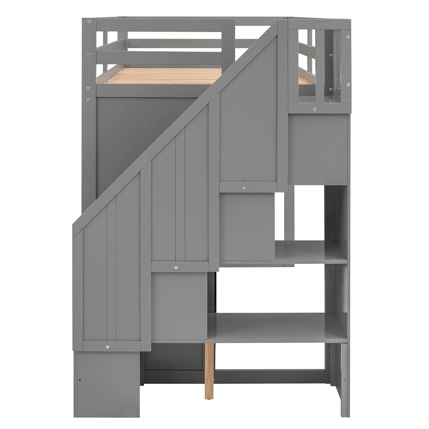 Harper & Bright Designs Twin Size Loft Bed w/ Storage Staircase & 2 Wardrobes, Kids Twin Loft Bed w/ 2 Drawers & 3 Shelves, Wood Loft Bed Frame for Kids Teens, No Box Spring Needed (Loft Twin, Gray)