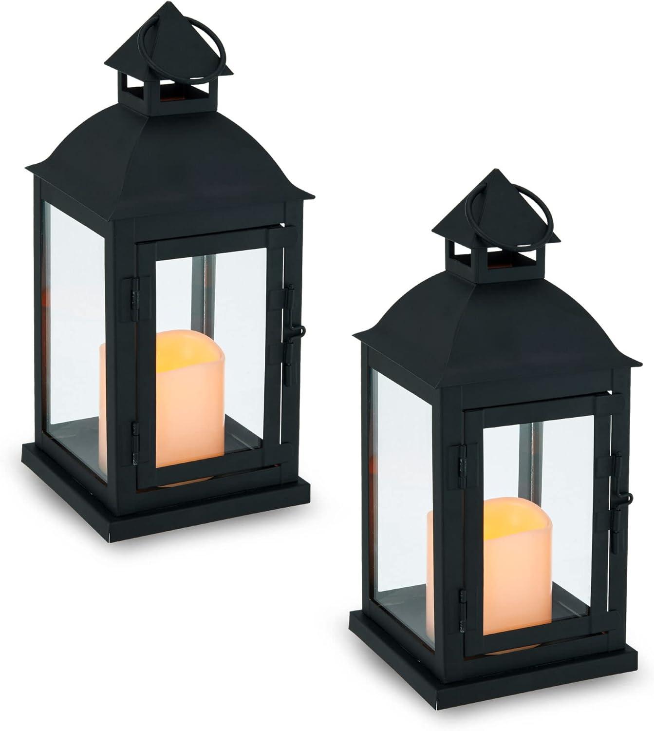 Elements Traditional Lantern with LED Pillar Candle Decorative Wedding Events Parties, 12-Inch, Black