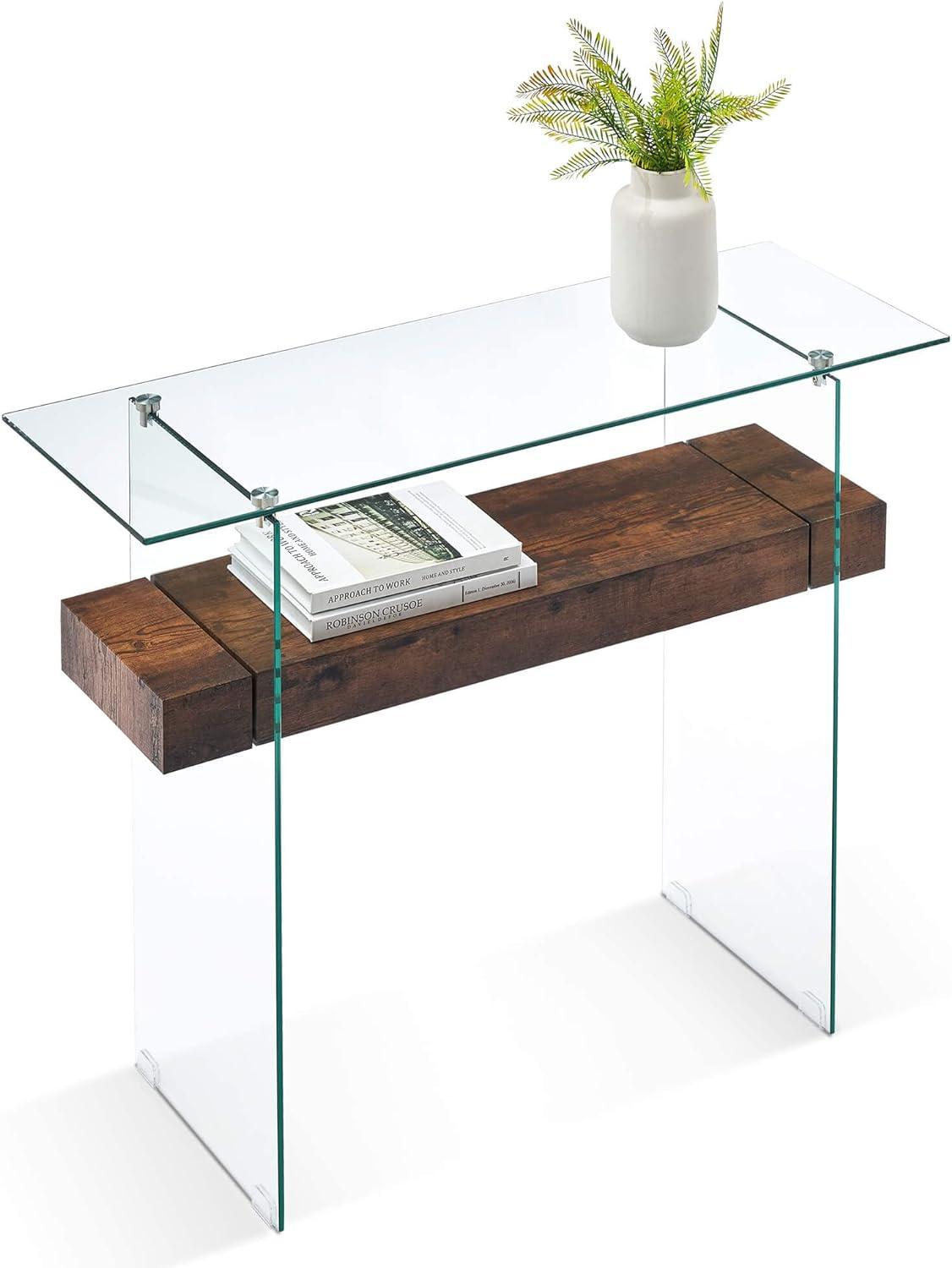 Sleek Dark Brown Glass-Top Console Table with Storage, 39.4"