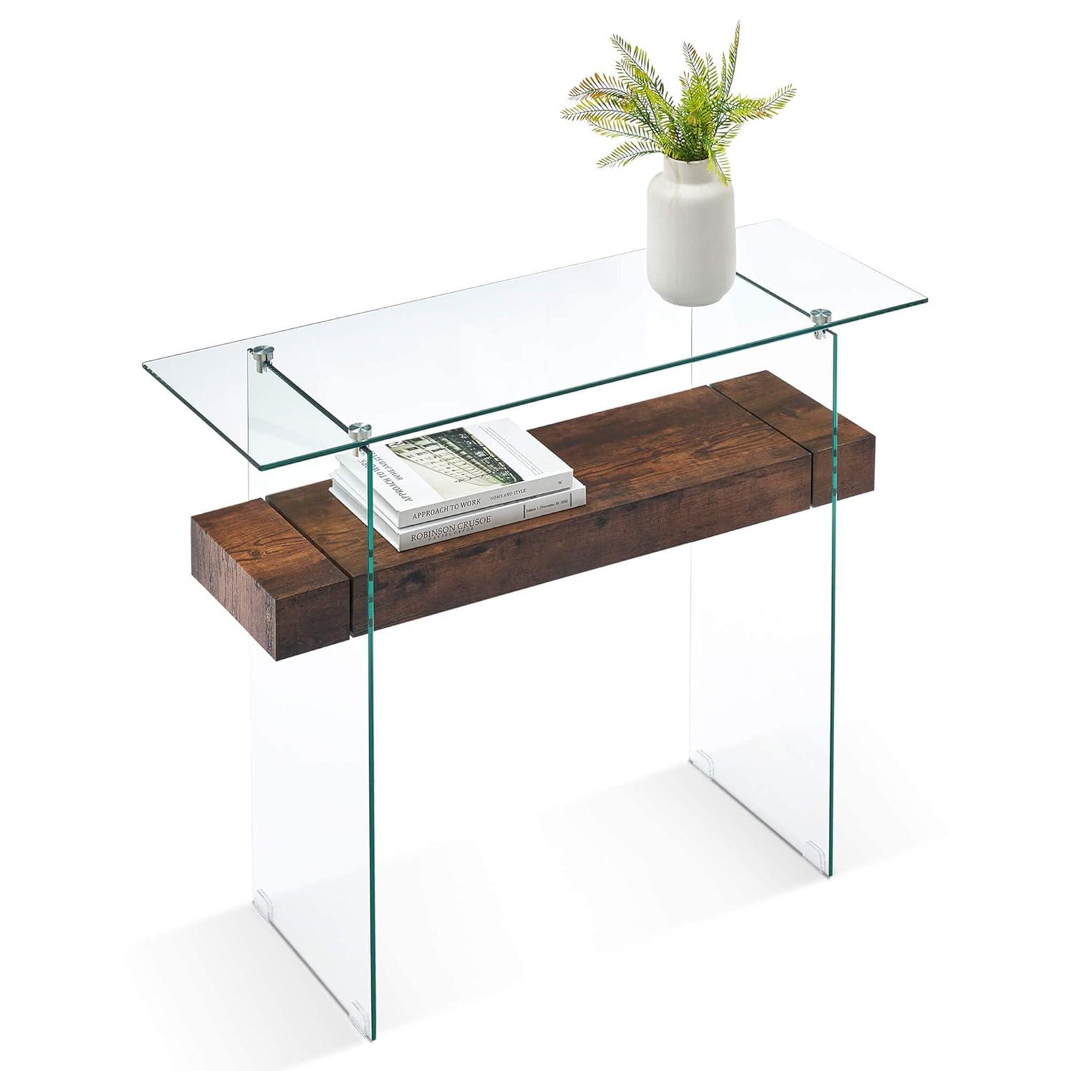 Ivinta Narrow Glass Console Table with Storage Modern Sofa Table Entryway Table Glass Writing Desk Small Computer Desk TV Table Buffet Table Modern Accent Table for Small Space Living Room Hallway