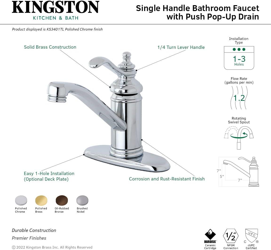 Kingston Brass KS3402TL Templeton 4" Single Handle Bathroom Faucet, Polished Brass