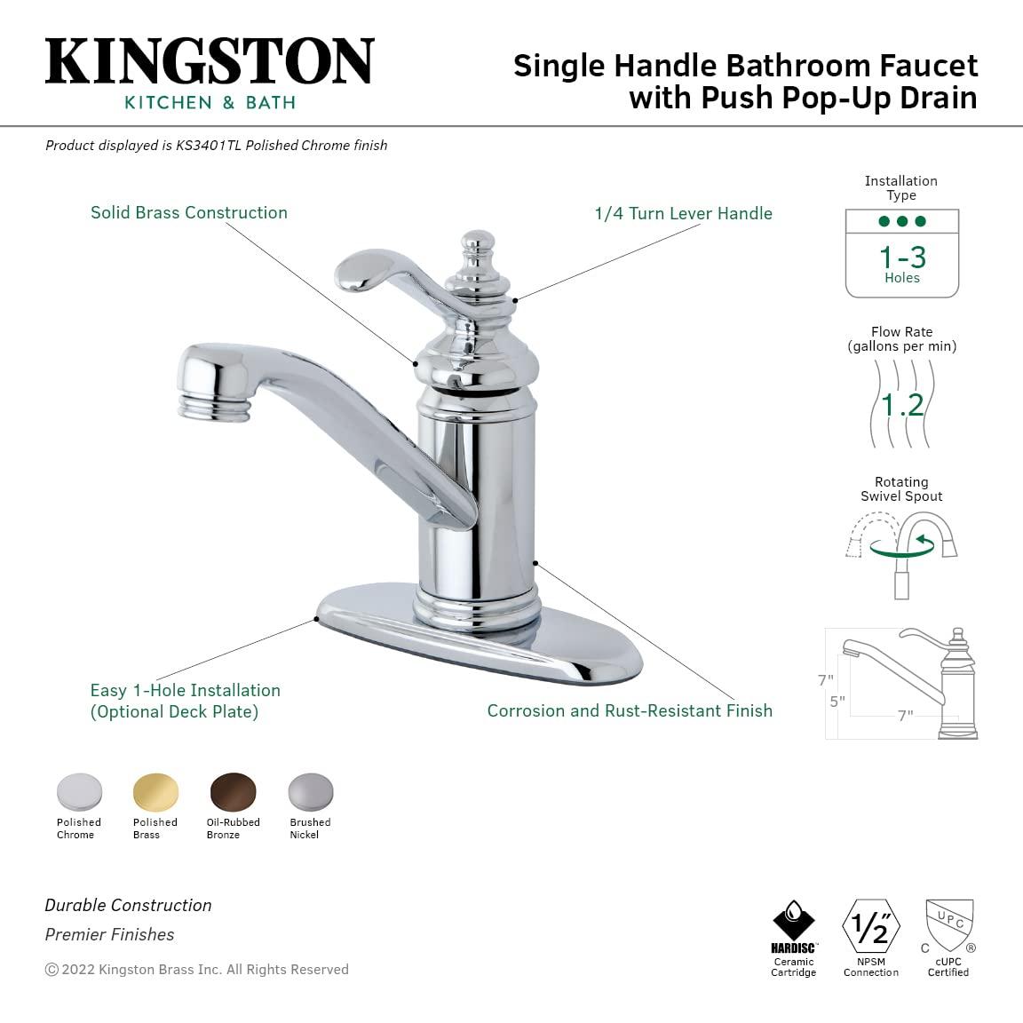 Kingston Brass KS3402TL Templeton 4" Single Handle Bathroom Faucet, Polished Brass
