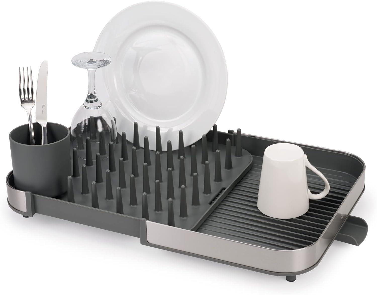 Expandable Stainless Steel and Gray Plastic Dish Rack with Utensil Cup