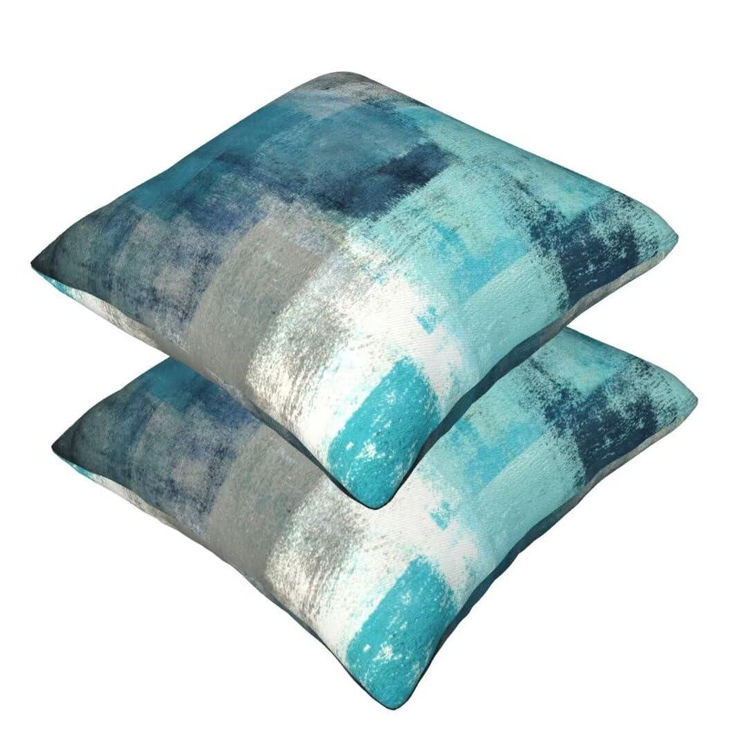 Teal and Brown Throw Pillows Covers Set of 2 Blue Gray Abstract Art Painting Aesthetic Modern Square Decorative Pillow Covers Soft Throw Pillows for Couch Sofa Bedroom, 18X18 Inches