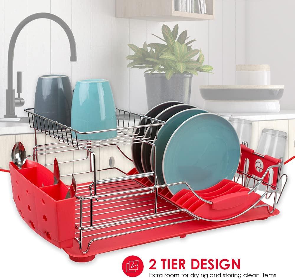 Red 2-Tier Metal Dish Drying Rack with Utensil Cup