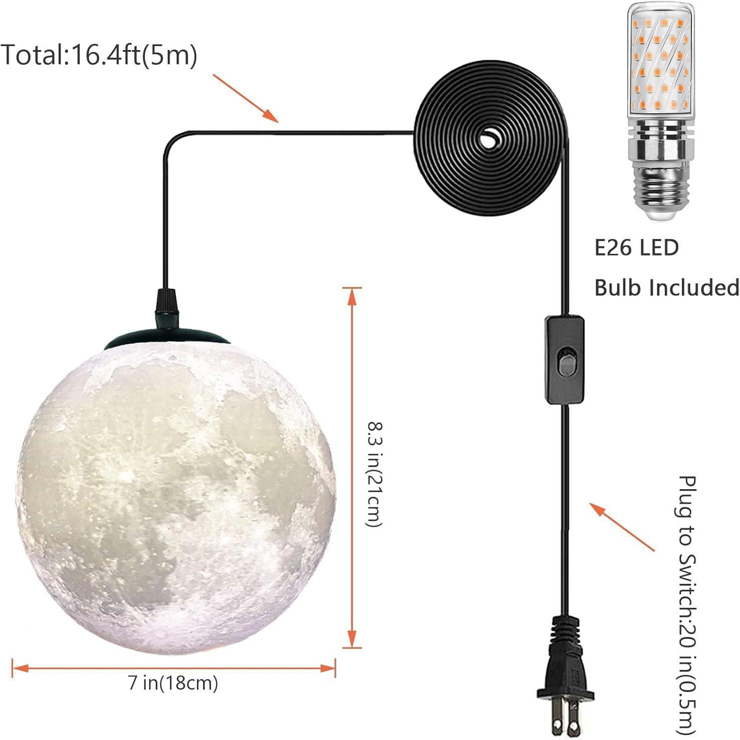 AECBUY Resin Moon Pendant Lamp Plug in Adjustable Cord, 3D Printing Hanging Ceiling Lighting Fixture, Pendant Light for Home, Office, Bars and Cafe, ddct210821B05