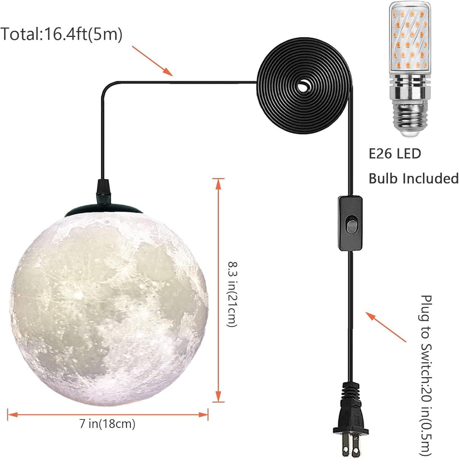 AECBUY Resin Moon Pendant Lamp Plug in Adjustable Cord, 3D Printing Hanging Ceiling Lighting Fixture, Pendant Light for Home, Office, Bars and Cafe, ddct210821B05