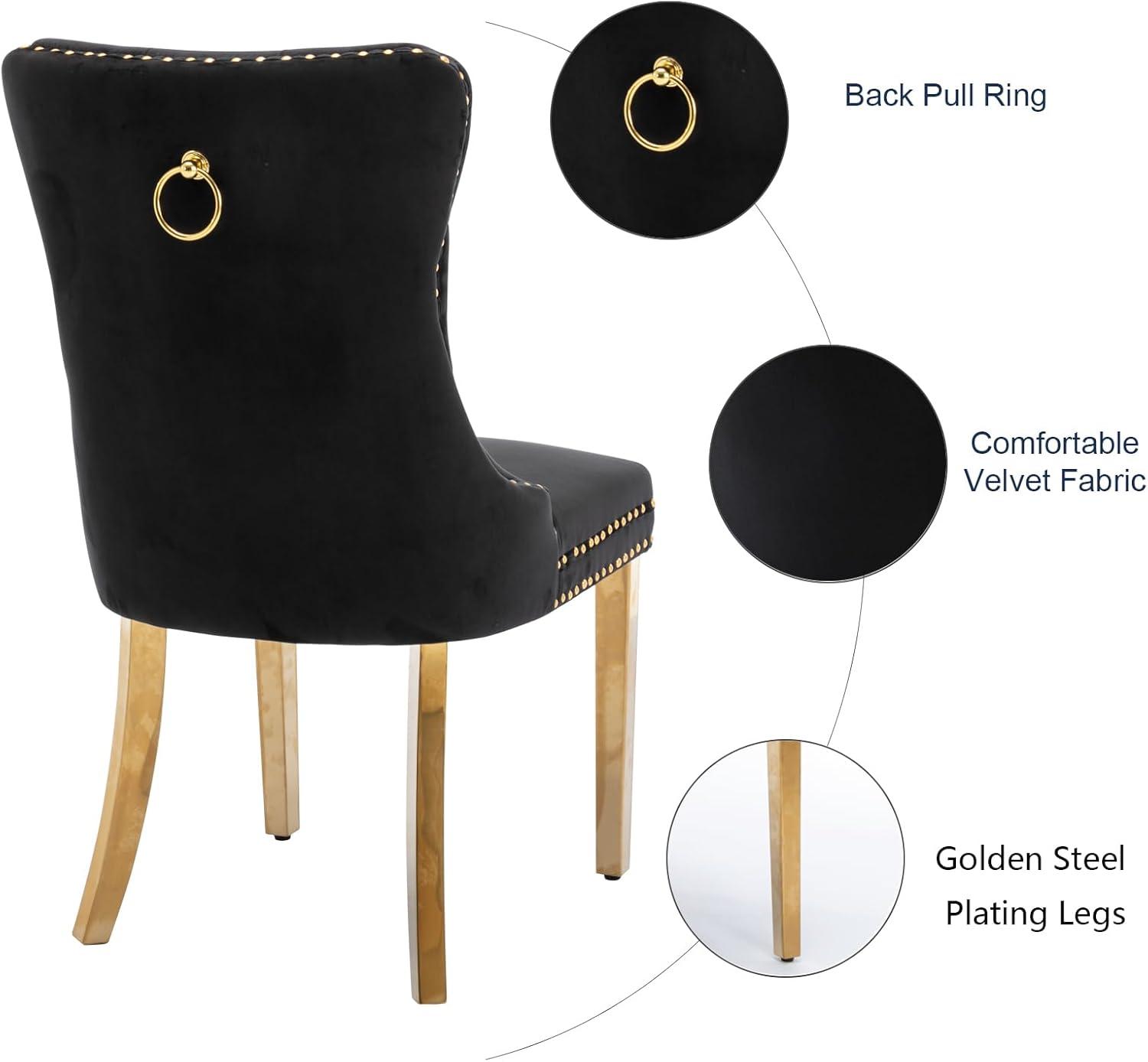 ODUSE-DAILY Black Velvet Dining Chairs Set of 4, Kitchen & Dining Room Chairs, Nailheads Tufted, Sillas De Comedor, Fabric Upholstered, Golden Metal Legs (Black, 4 Pcs)