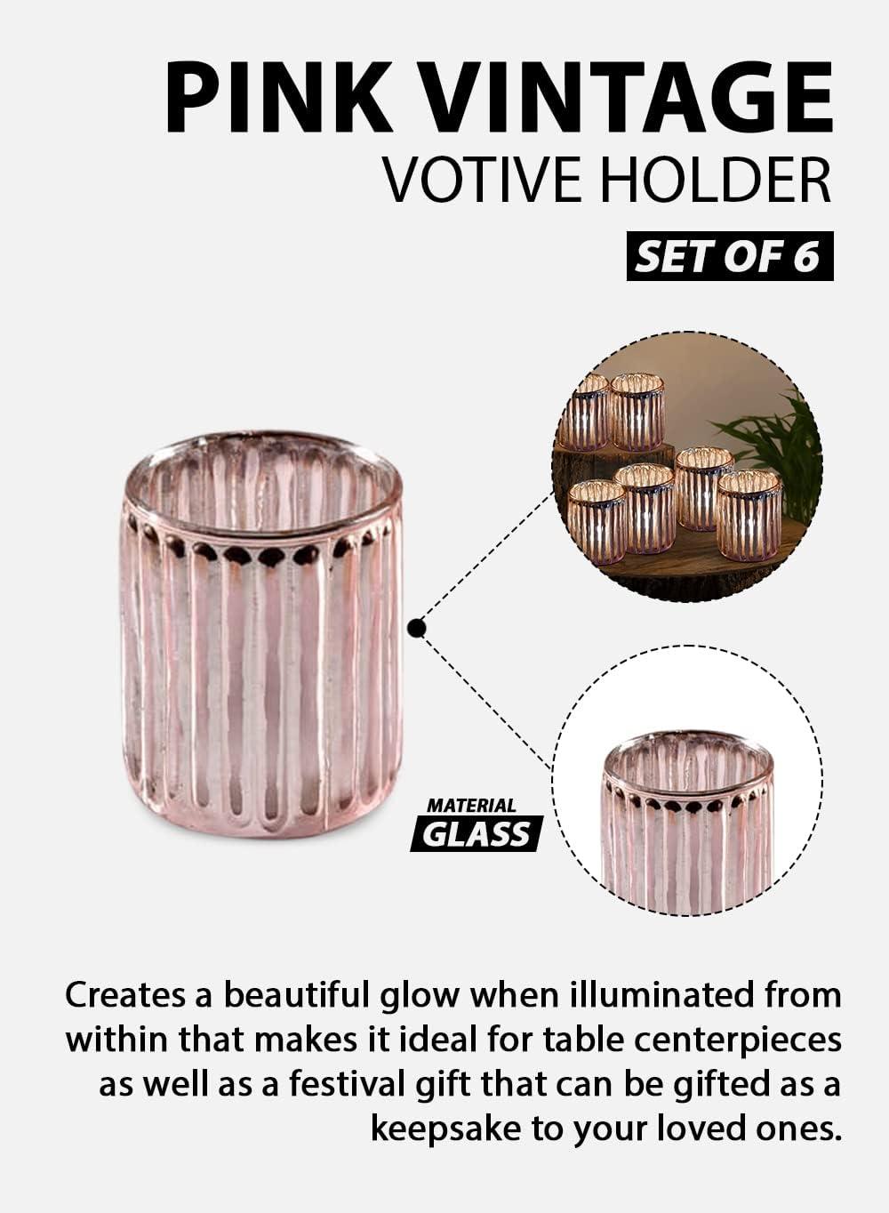 Serene Spaces Living Set Of 6 Pink Vintage Votive Holder, Tealight Holder, Stainglass Candle Holder, Ideal For Weddings, Parties, Indoor & Outdoor Events, Home Decor, Measures 2.5" Tall & 3" Diameter