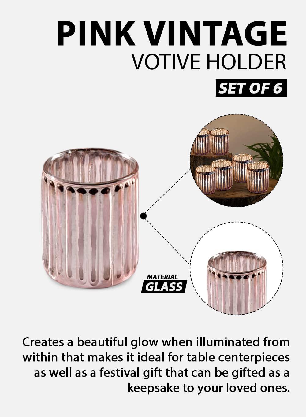 Serene Spaces Living Set Of 6 Pink Vintage Votive Holder, Tealight Holder, Stainglass Candle Holder, Ideal For Weddings, Parties, Indoor & Outdoor Events, Home Decor, Measures 2.5" Tall & 3" Diameter