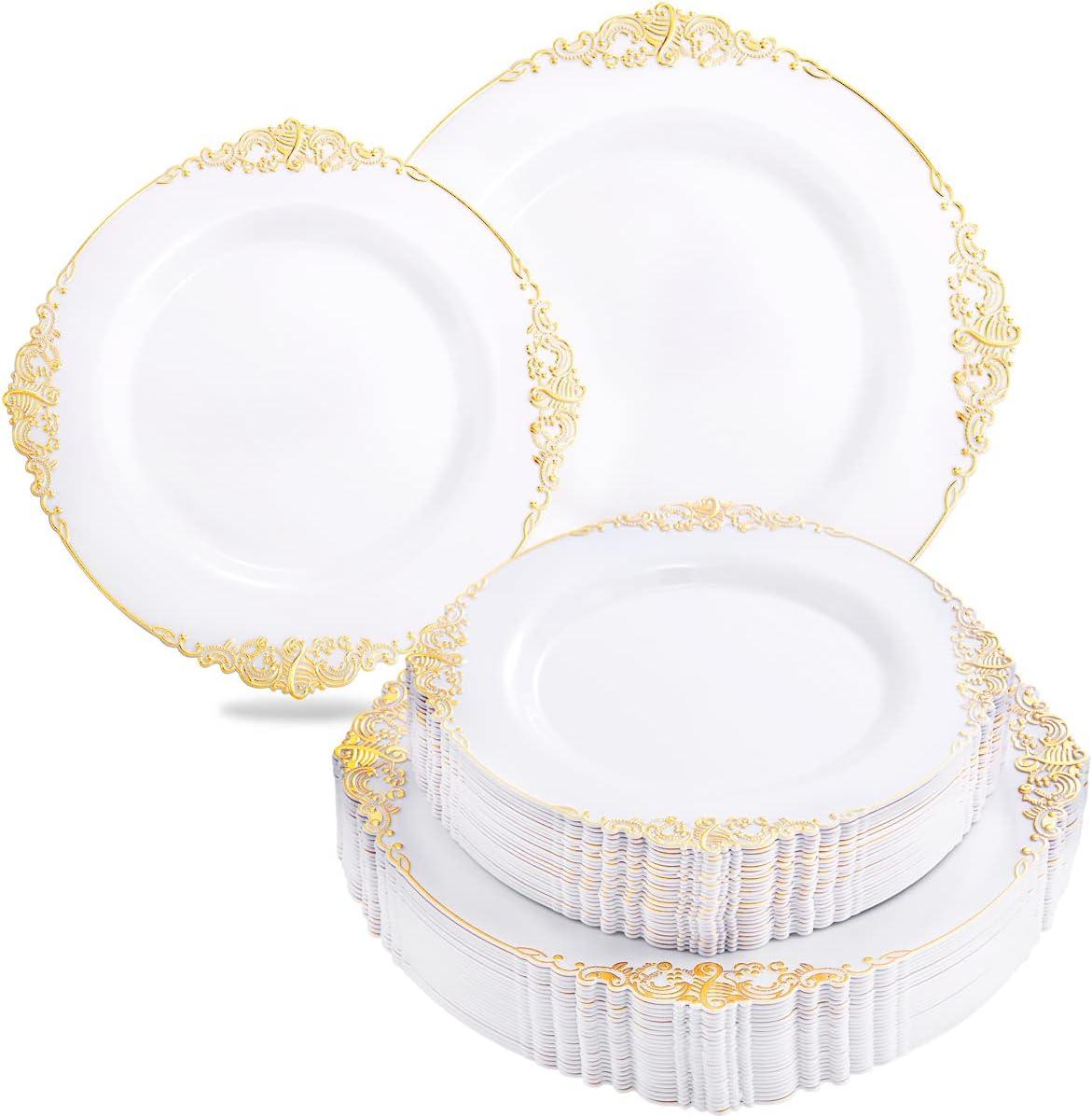 White and Gold Floral Rim Round Plastic Plates Set