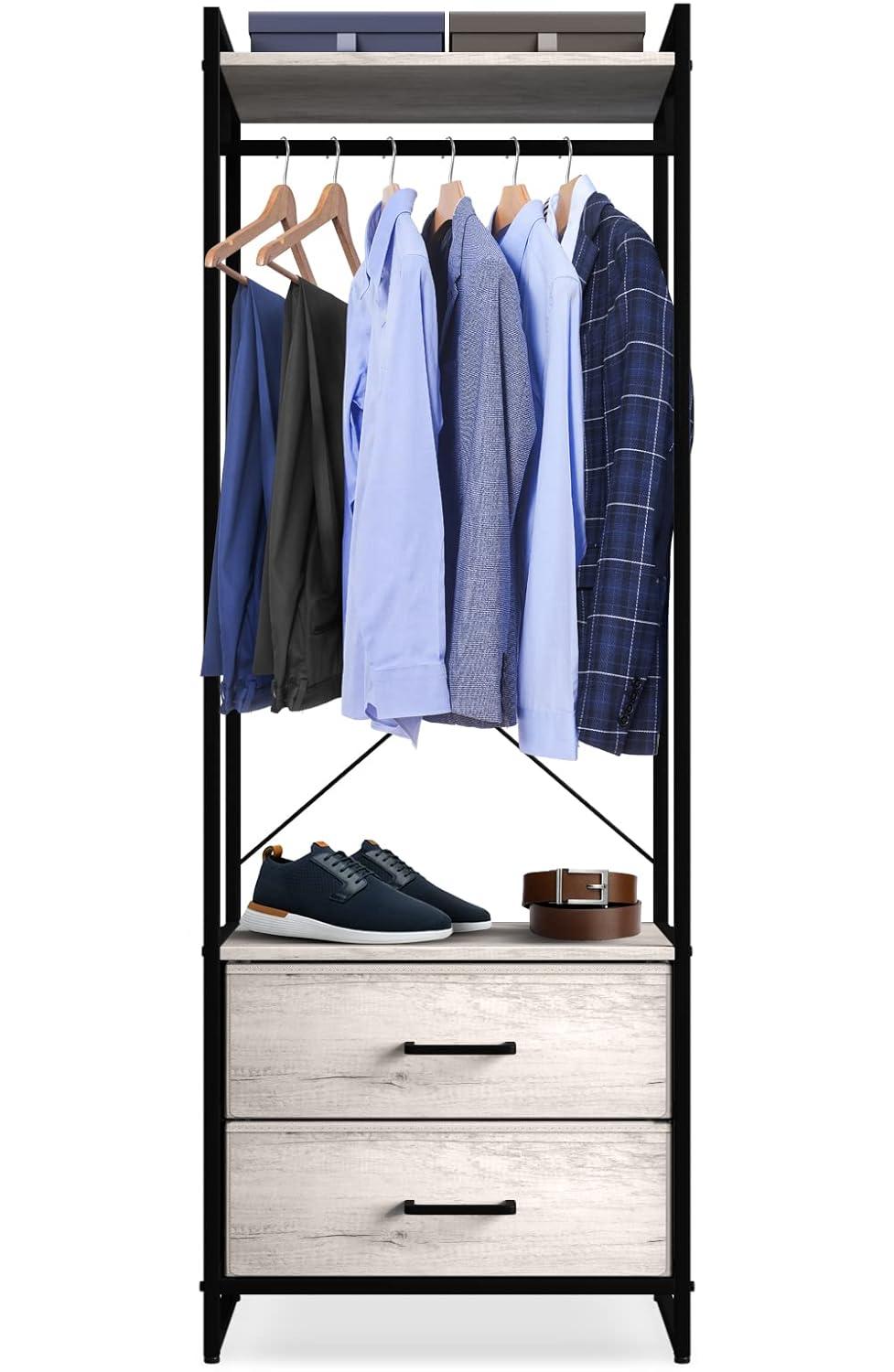 Sorbus Clothing Rack with Drawers – Tall Garment Rack with Wood Top, Steel Frame & Fabric Drawers – Stand Alone Closet Organizer, Greige