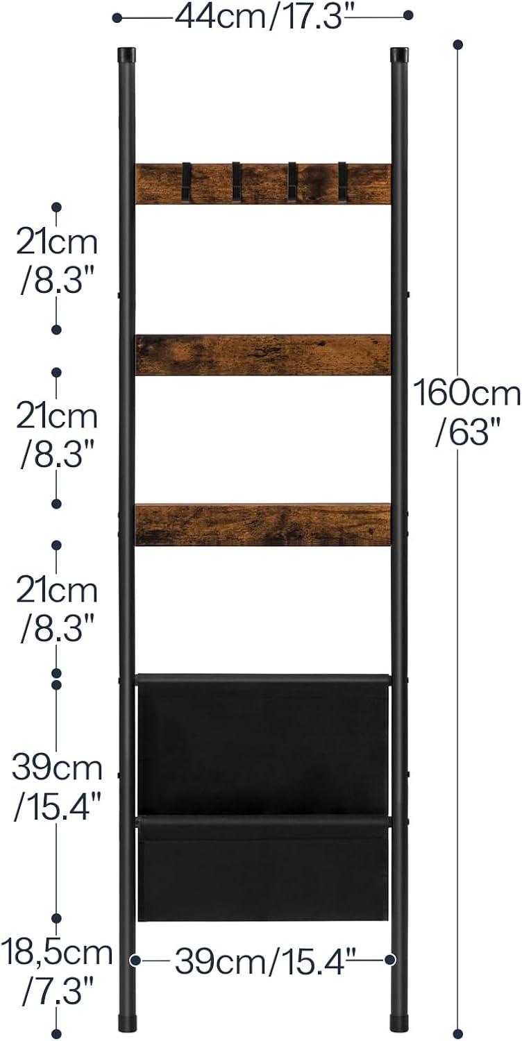 Blanket Ladder, 5-Tier Towel Rack with Hooks, Wall-Leaning Blanket Rack, Decorative Display Ladder Shelf, Scarves, Industrial, Living Room, Bedroom, Rustic Brown and Black BF52CJ01