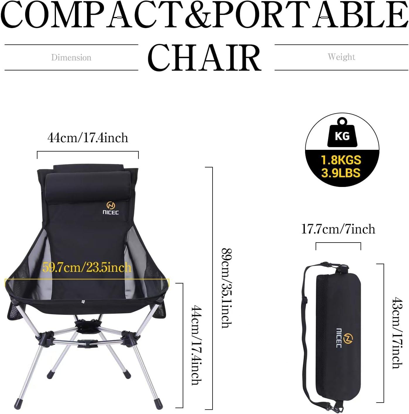 Nice C Ultralight High Back Folding Camping Chair, Backpacking Chair, Compact & Heavy Duty Outdoor, Travel, Picnic, Festival with 2 Side Pockets, Pillow &Carry Bag (Set of 1 Black)