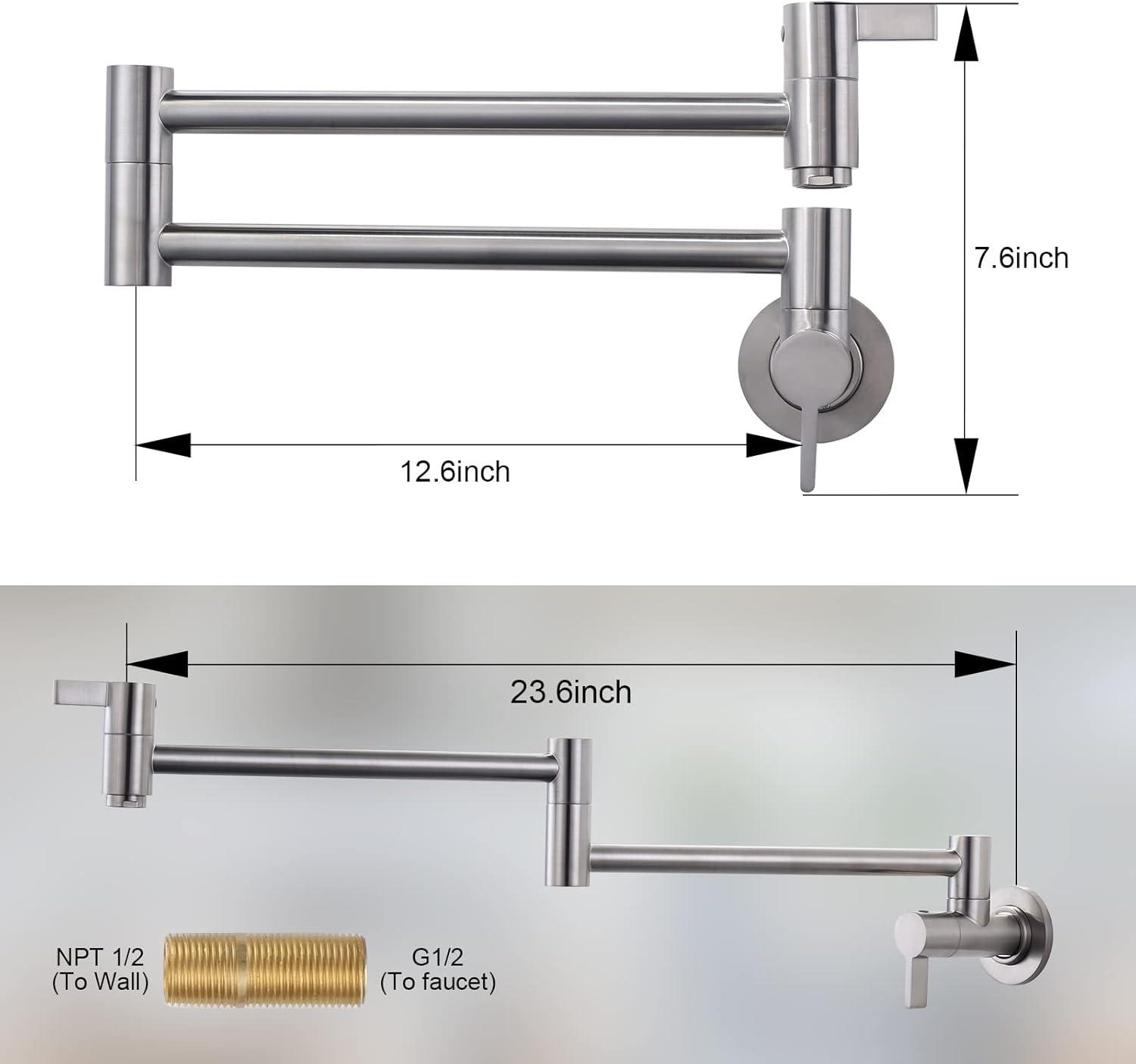 Wowow Wall Mount Pot Filler Faucet with Double Joint Swing Arms, Solid Brass Kitchen Faucets in Brushed Nickel