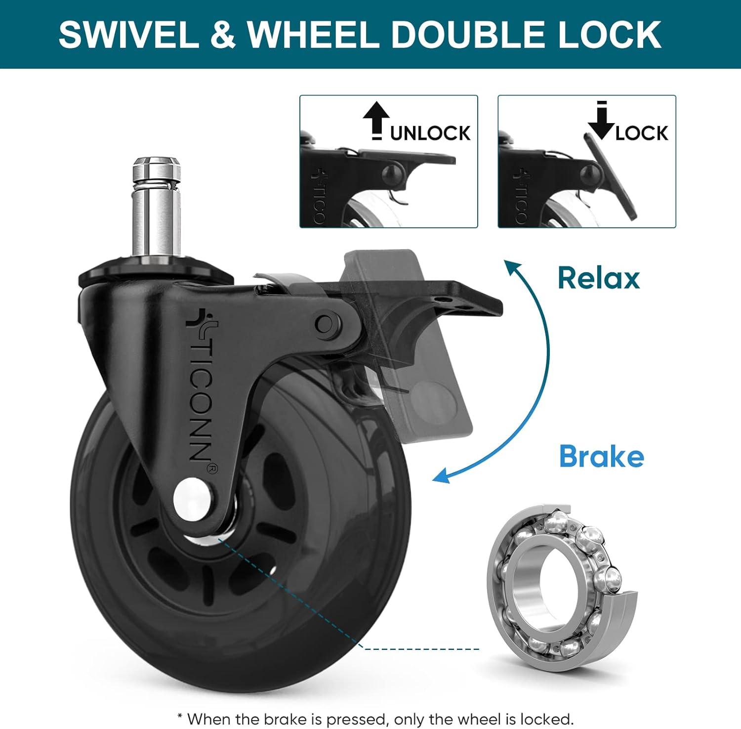 Black 3-Inch Polyurethane Office Chair Caster Wheels Set of 5