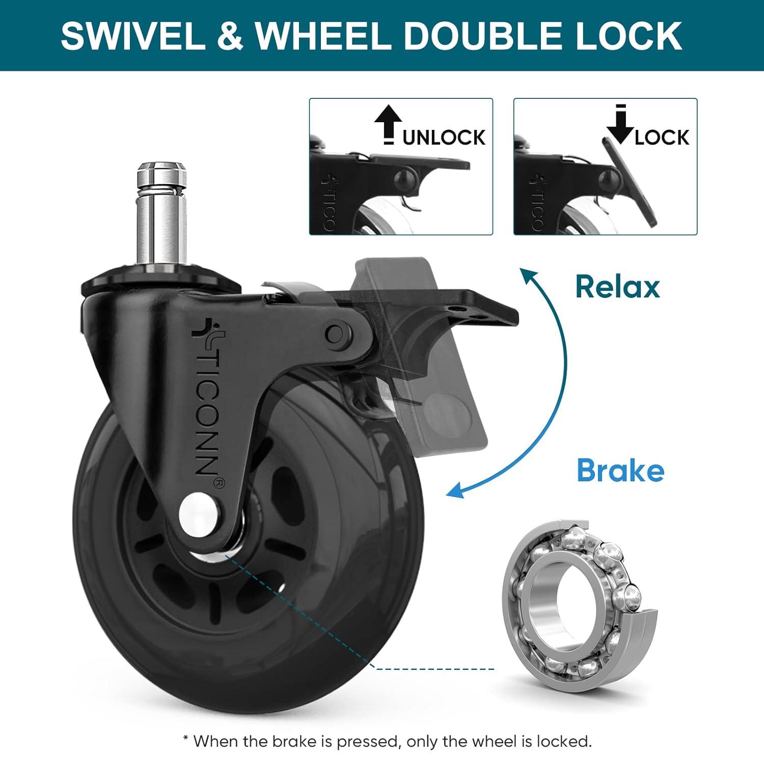 TICONN Office Chair Caster Wheels Set of 5 for Tile, Hardwood Floors and Carpets, Universal Fit for Most Chairs (Black)