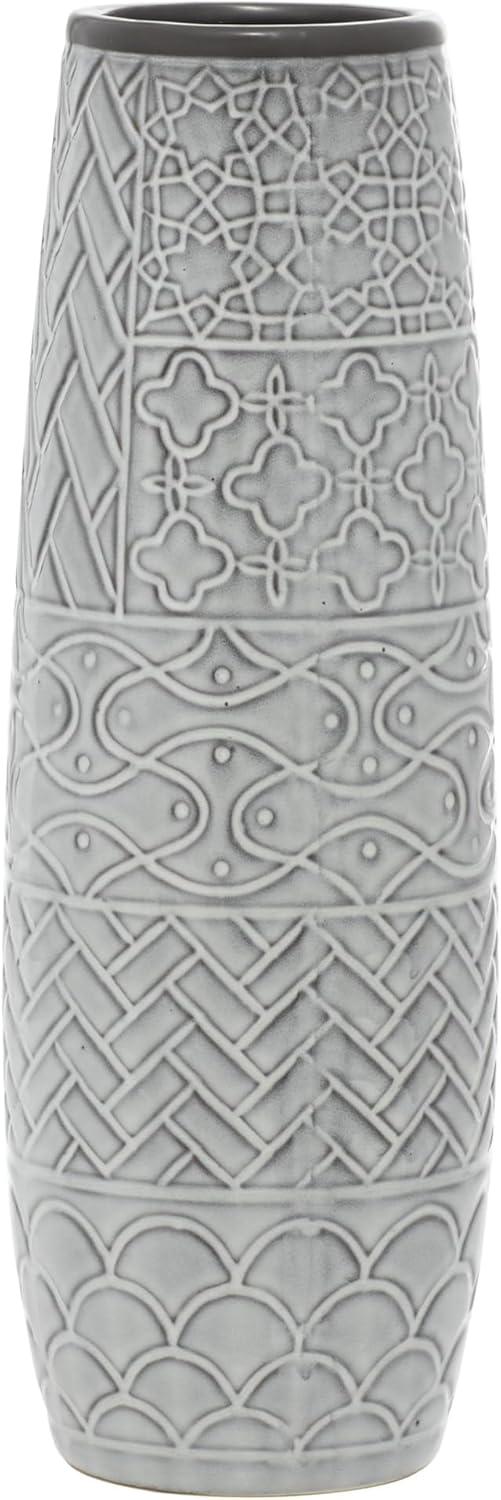 16" Gray Ceramic Floor Vase with Geometric Patterns