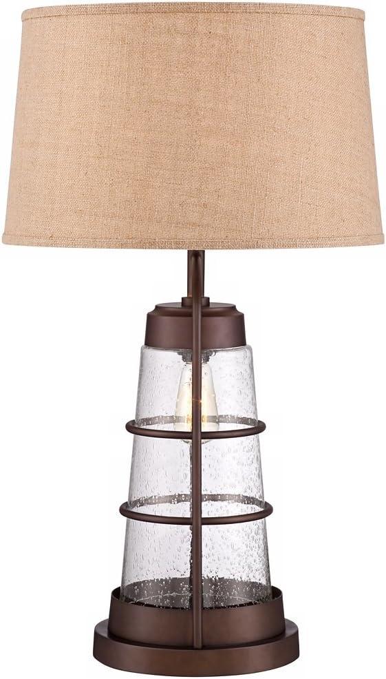 Franklin Iron Works Rustic Farmhouse Table Lamp 31" Tall with Nightlight Bronze Clear Seeded Glass Burlap Shade for Bedroom Living Room House Bedside