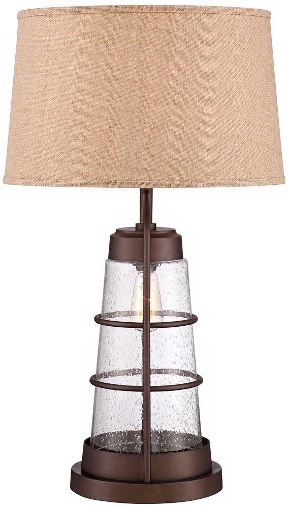 Franklin Iron Works Hugh Industrial Rustic Table Lamp 26" High Bronze Metal Seeded Glass with LED Nightlight Off White Shade for Bedroom Living Room