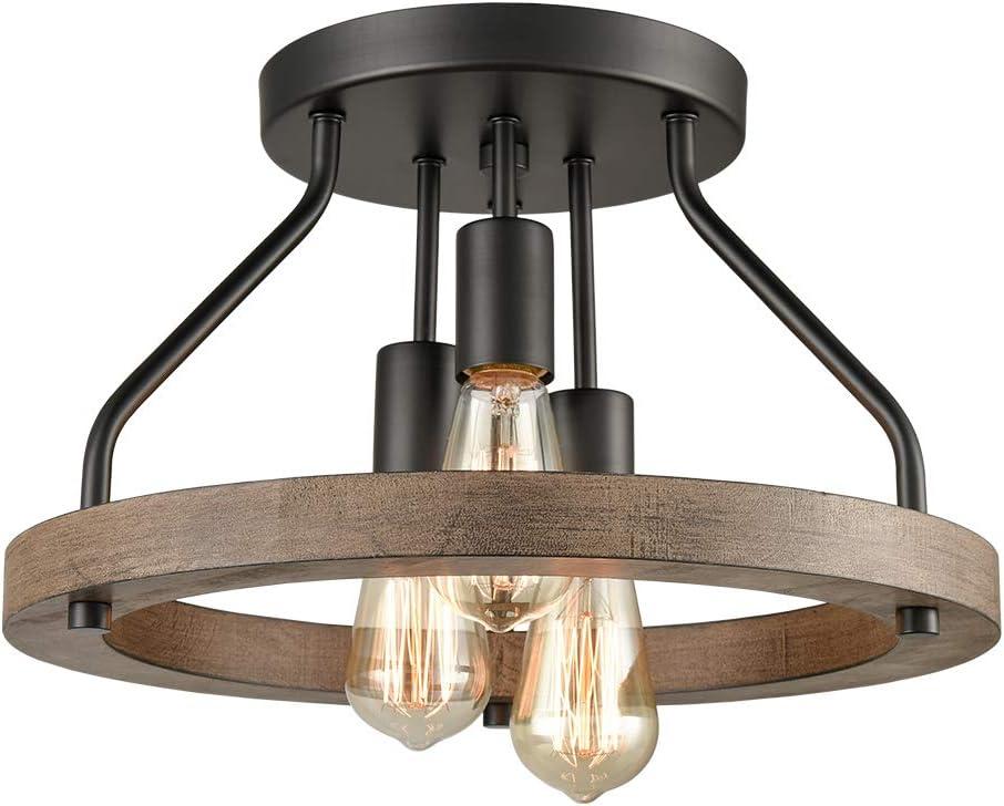 Farmhouse Flush Mount Ceiling Light Black Metal Lighting with Wood Grain Finish