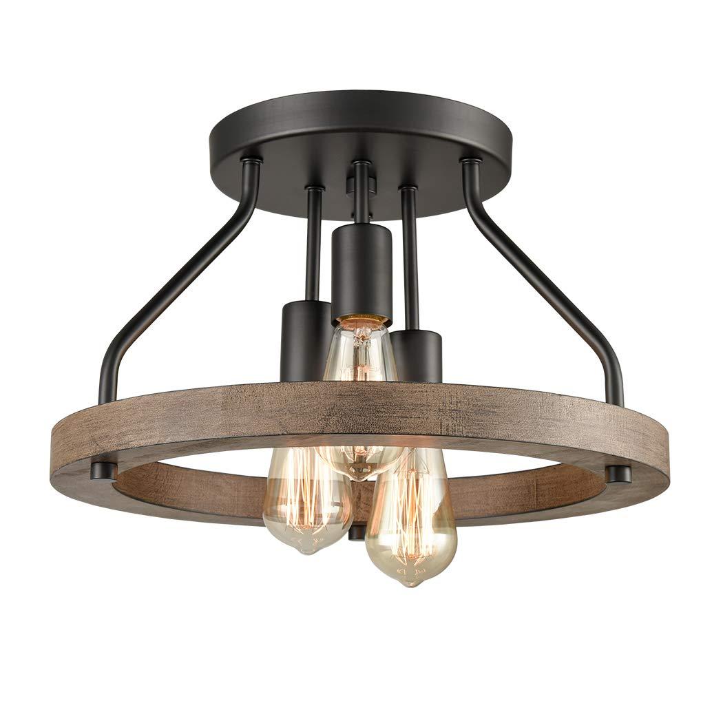 Farmhouse Flush Mount Ceiling Light Black Metal Lighting with Wood Grain Finish