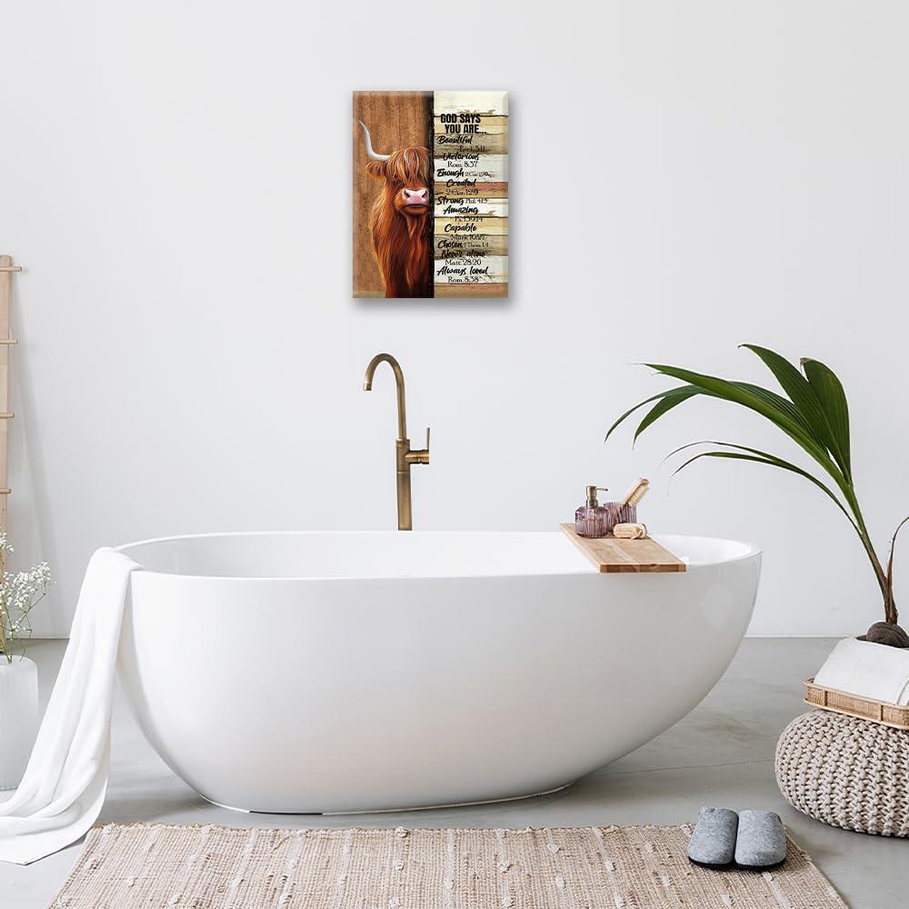 Farmhouse Highland Cow Decor Wall Art Farm Cow Inspirational Quotes God Says You are Pictures Wall Decor Canvas Painting Prints Artwork Decorations Framed for Bathroom Bedroom Kitchen 12"x16"